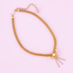 1960s Gold Mesh Choker Necklace With Faux Pearl & Tassel By Lisa Jewels Co