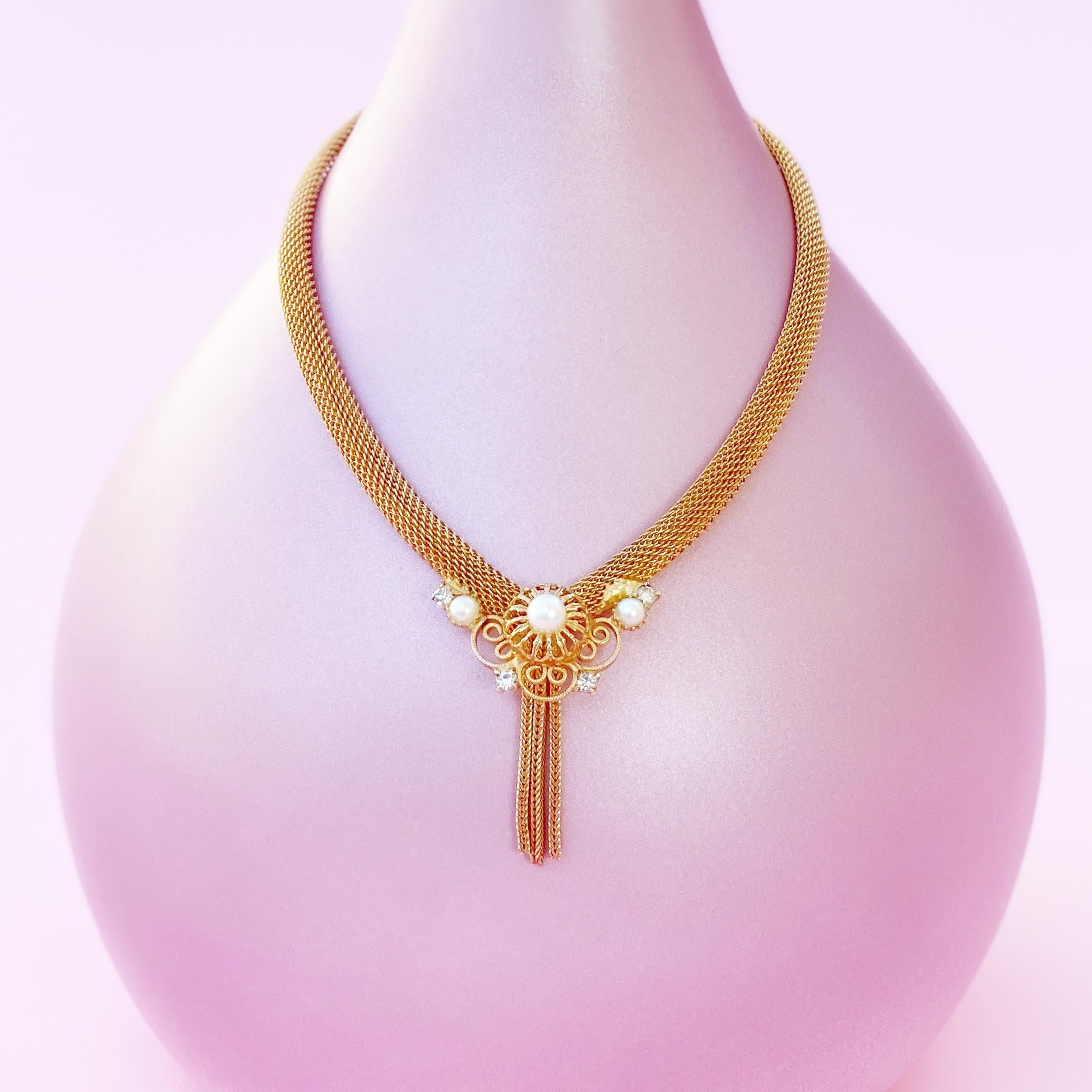 Modern 1960s Gold Mesh Choker Necklace With Faux Pearl & Tassel By Lisa Jewels Co