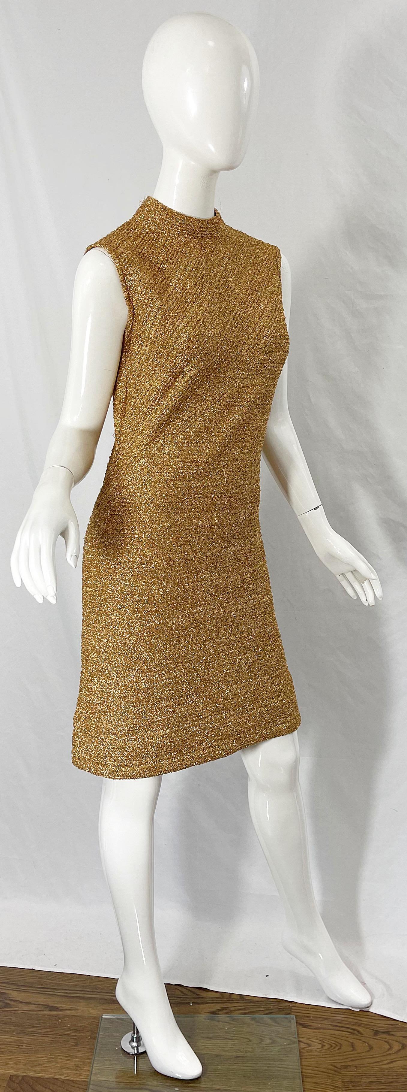 1960s Gold Metallic Cabot High Neck Sleeveless Vintage 60s Shift Dress  For Sale 2