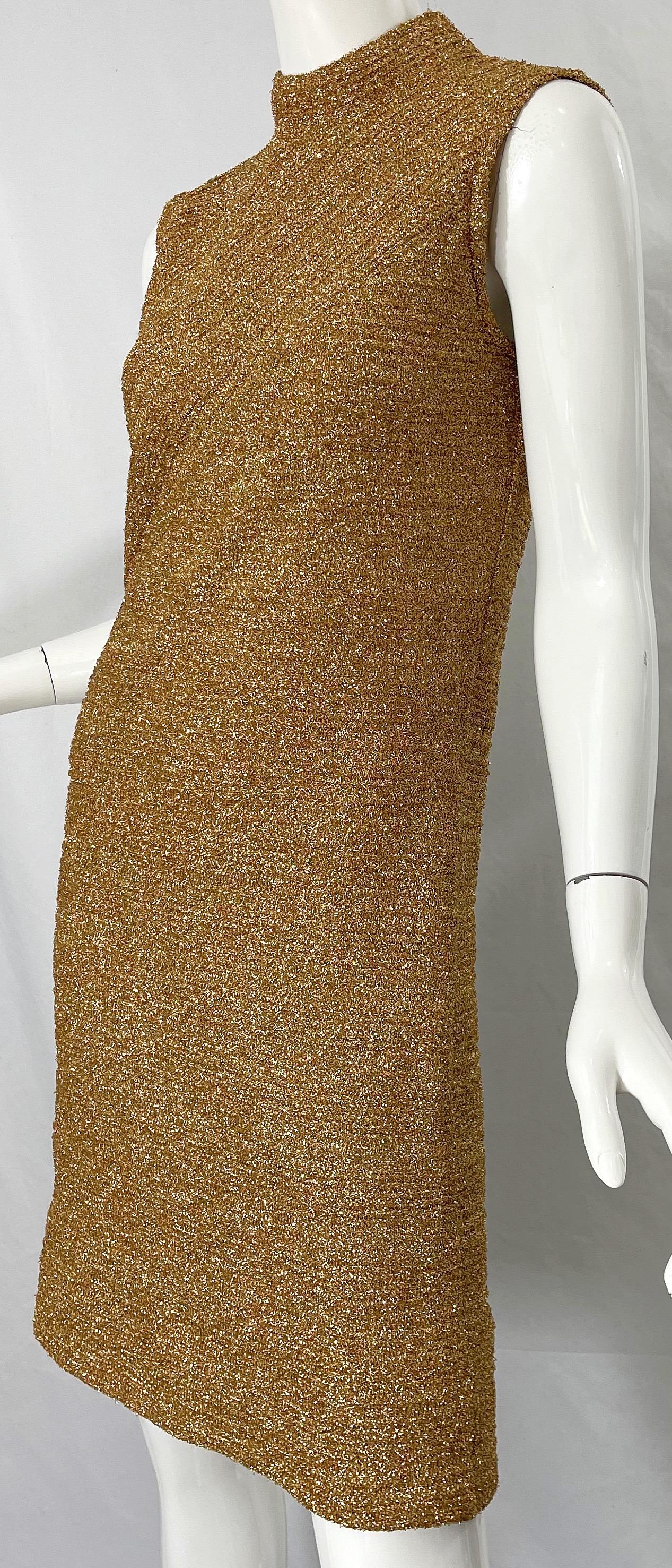 1960s Gold Metallic Cabot High Neck Sleeveless Vintage 60s Shift Dress  For Sale 3