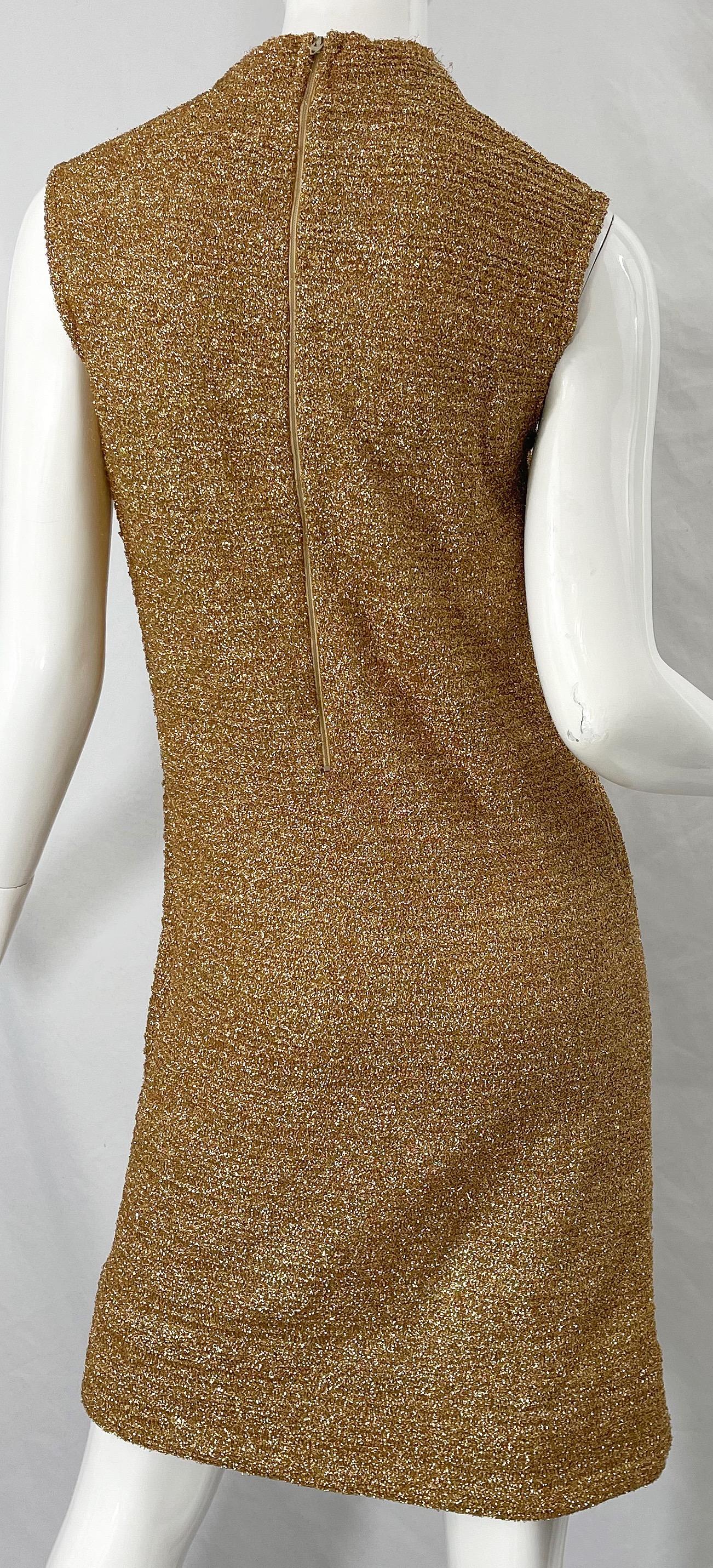 1960s Gold Metallic Cabot High Neck Sleeveless Vintage 60s Shift Dress  For Sale 4