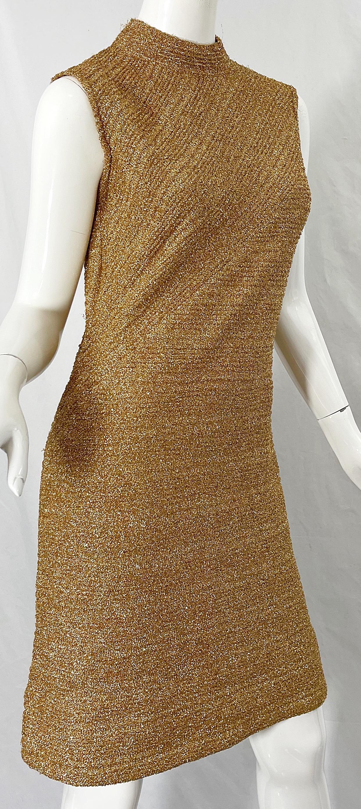 1960s Gold Metallic Cabot High Neck Sleeveless Vintage 60s Shift Dress  For Sale 5