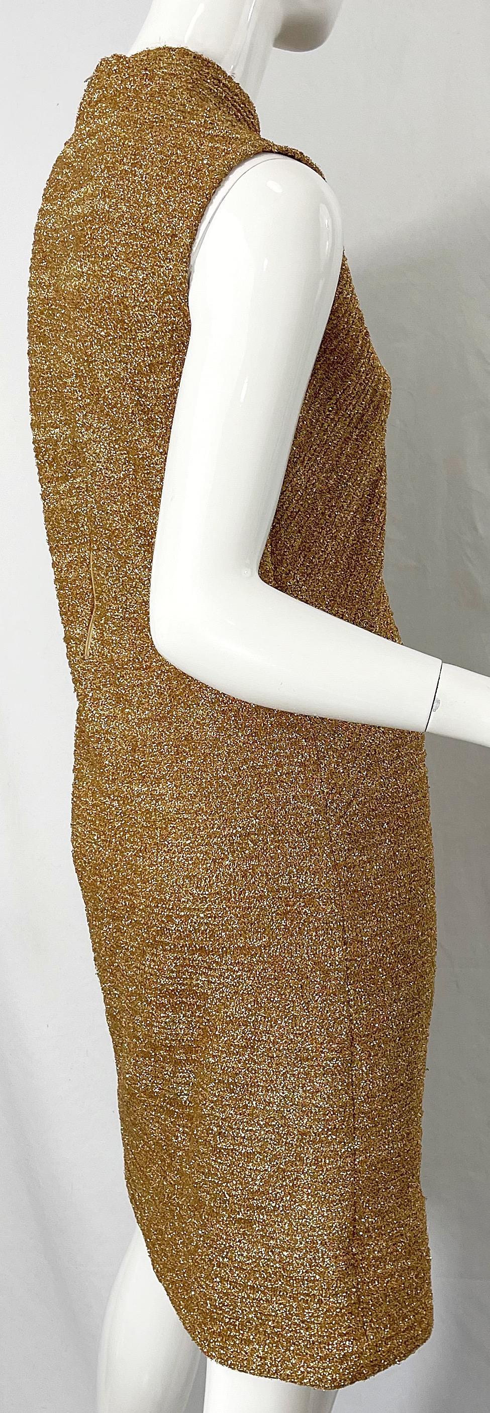 1960s Gold Metallic Cabot High Neck Sleeveless Vintage 60s Shift Dress  For Sale 6