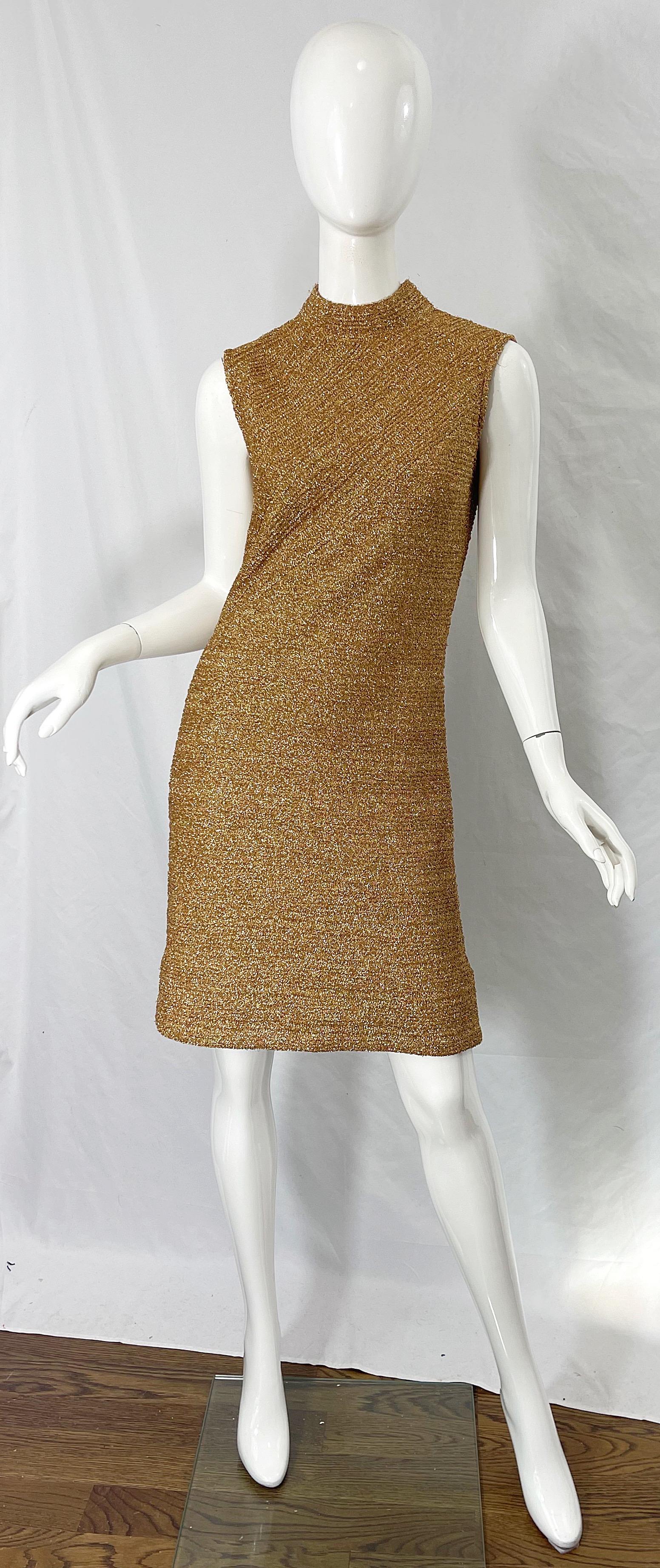 1960s Gold Metallic Cabot High Neck Sleeveless Vintage 60s Shift Dress  For Sale 7