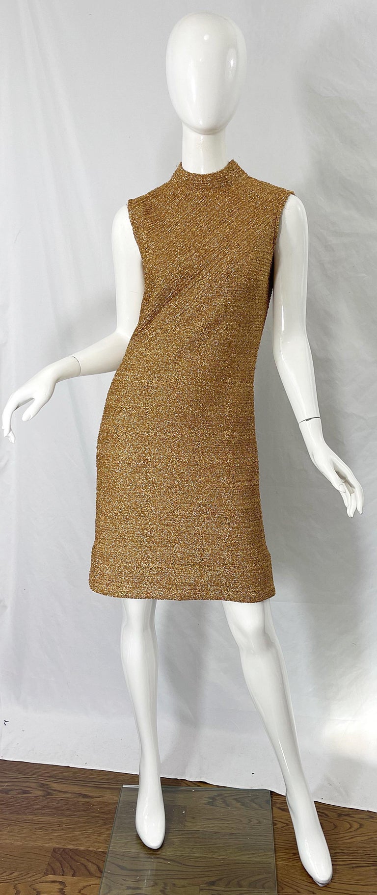 1960s Gold Metallic Cabot High Neck Sleeveless Vintage 60s Shift Dress