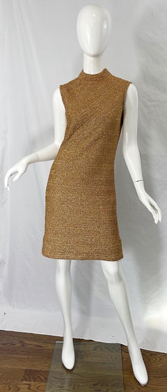 1960s Gold Metallic Cabot High Neck Sleeveless Vintage 60s Shift Dress