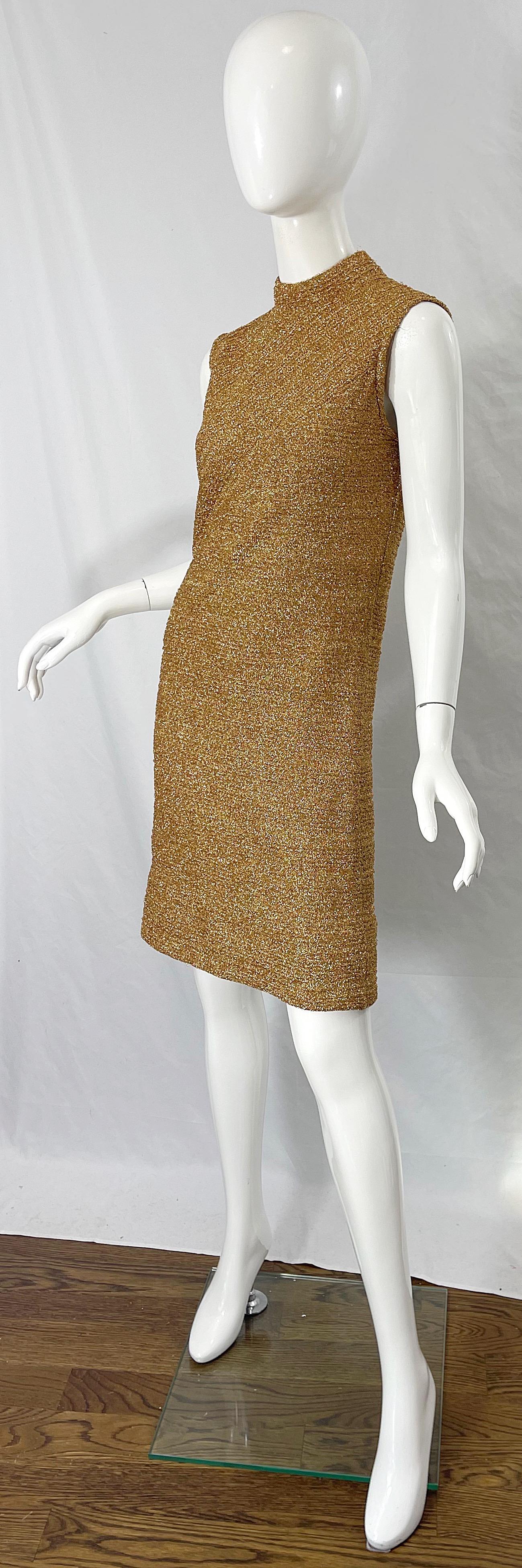 Brown 1960s Gold Metallic Cabot High Neck Sleeveless Vintage 60s Shift Dress  For Sale