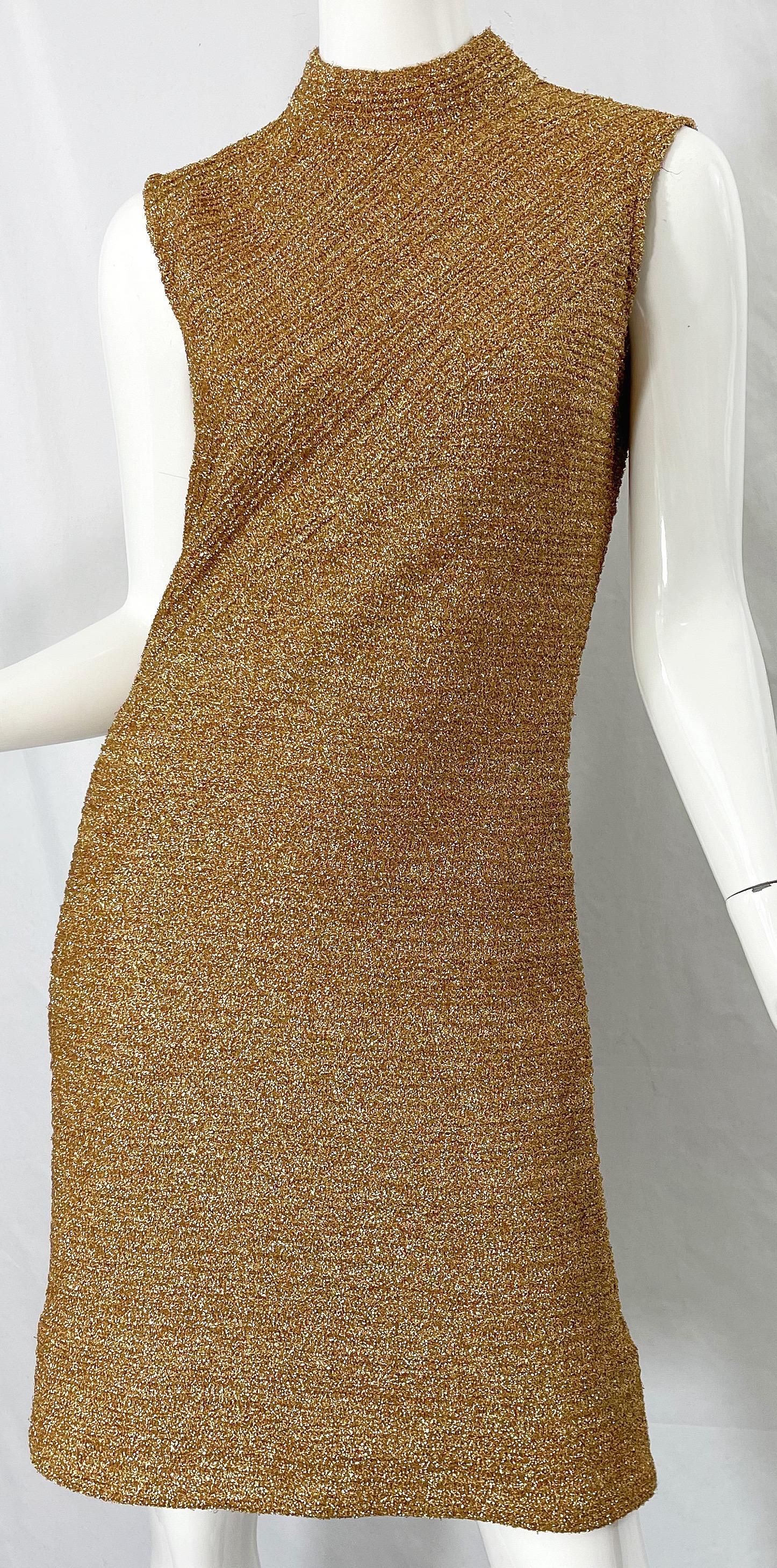 Women's 1960s Gold Metallic Cabot High Neck Sleeveless Vintage 60s Shift Dress  For Sale