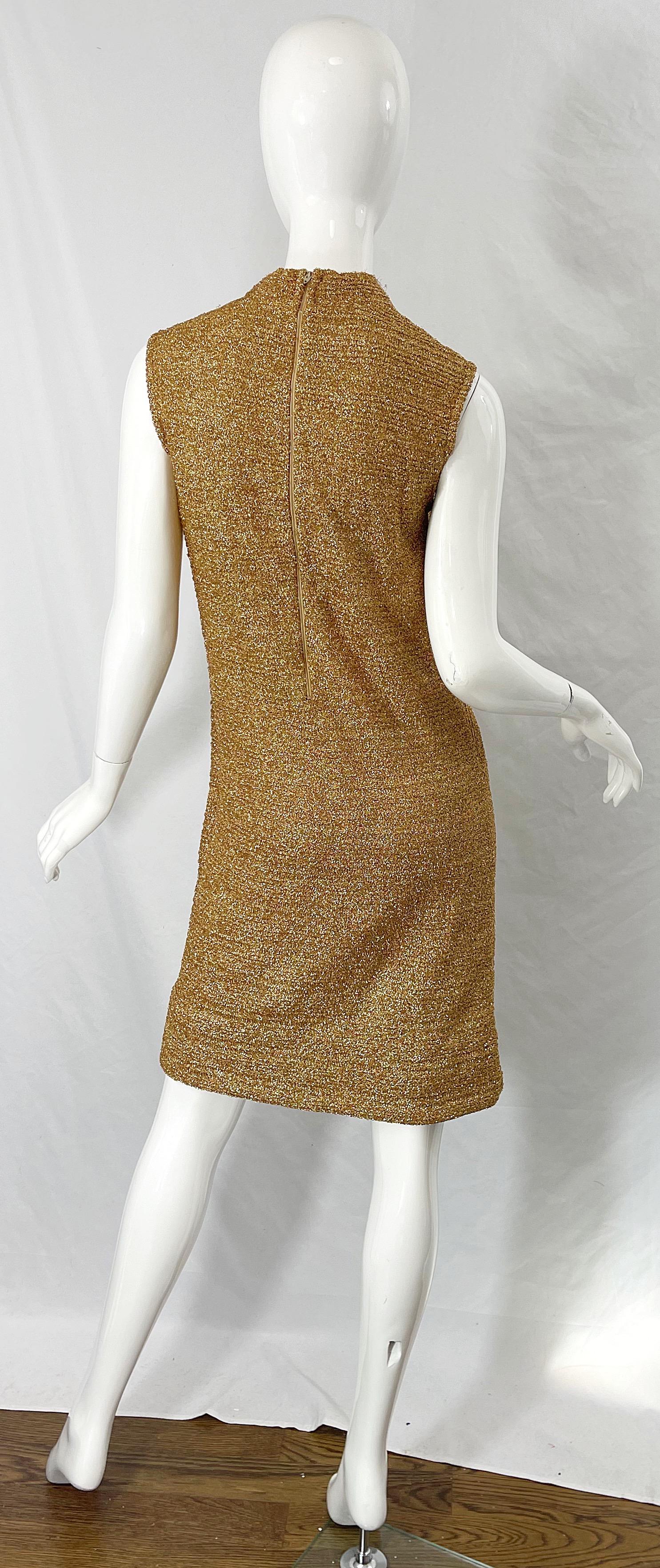 1960s Gold Metallic Cabot High Neck Sleeveless Vintage 60s Shift Dress  For Sale 1