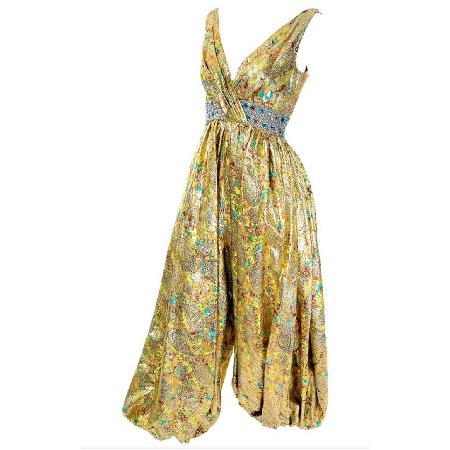 1960s Gold Metallic Colorful Floral Harem Style Vintage Jumpsuit w Jeweled Waist In Excellent Condition In Portland, OR
