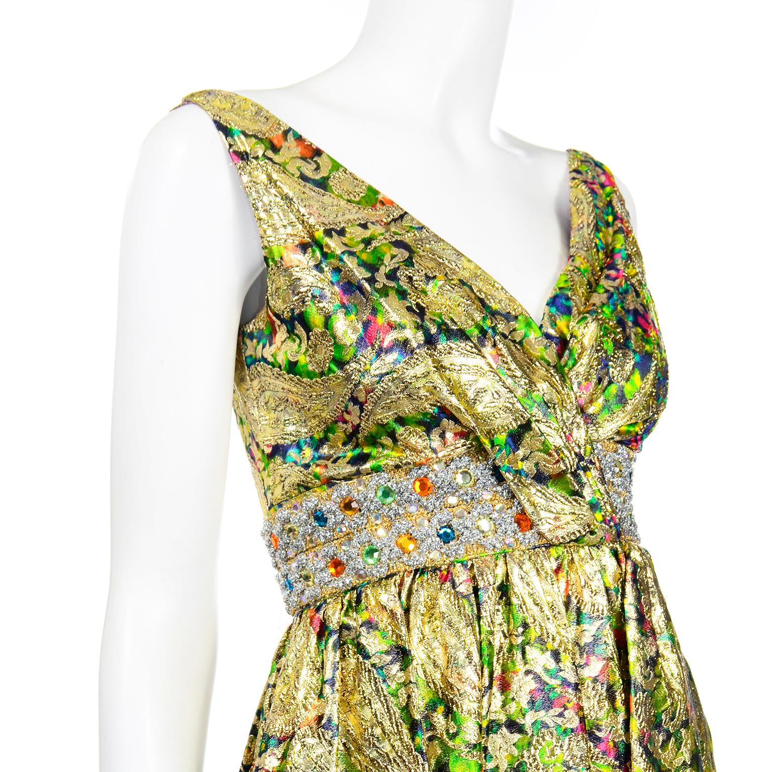 1960s Gold Metallic Colorful Floral Harem Style Vintage Jumpsuit w Jeweled Waist 1