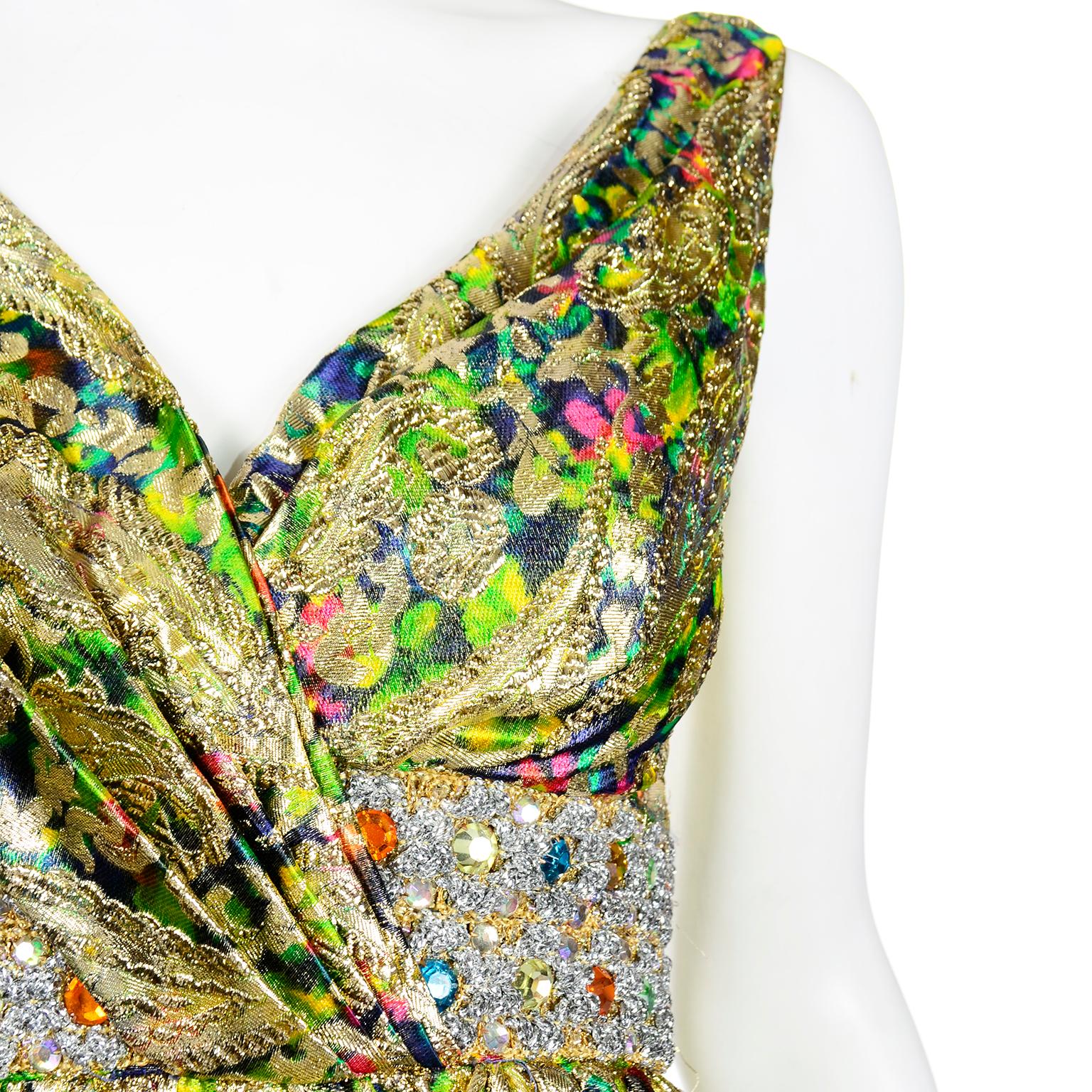 1960s Gold Metallic Colorful Floral Harem Style Vintage Jumpsuit w Jeweled Waist 2