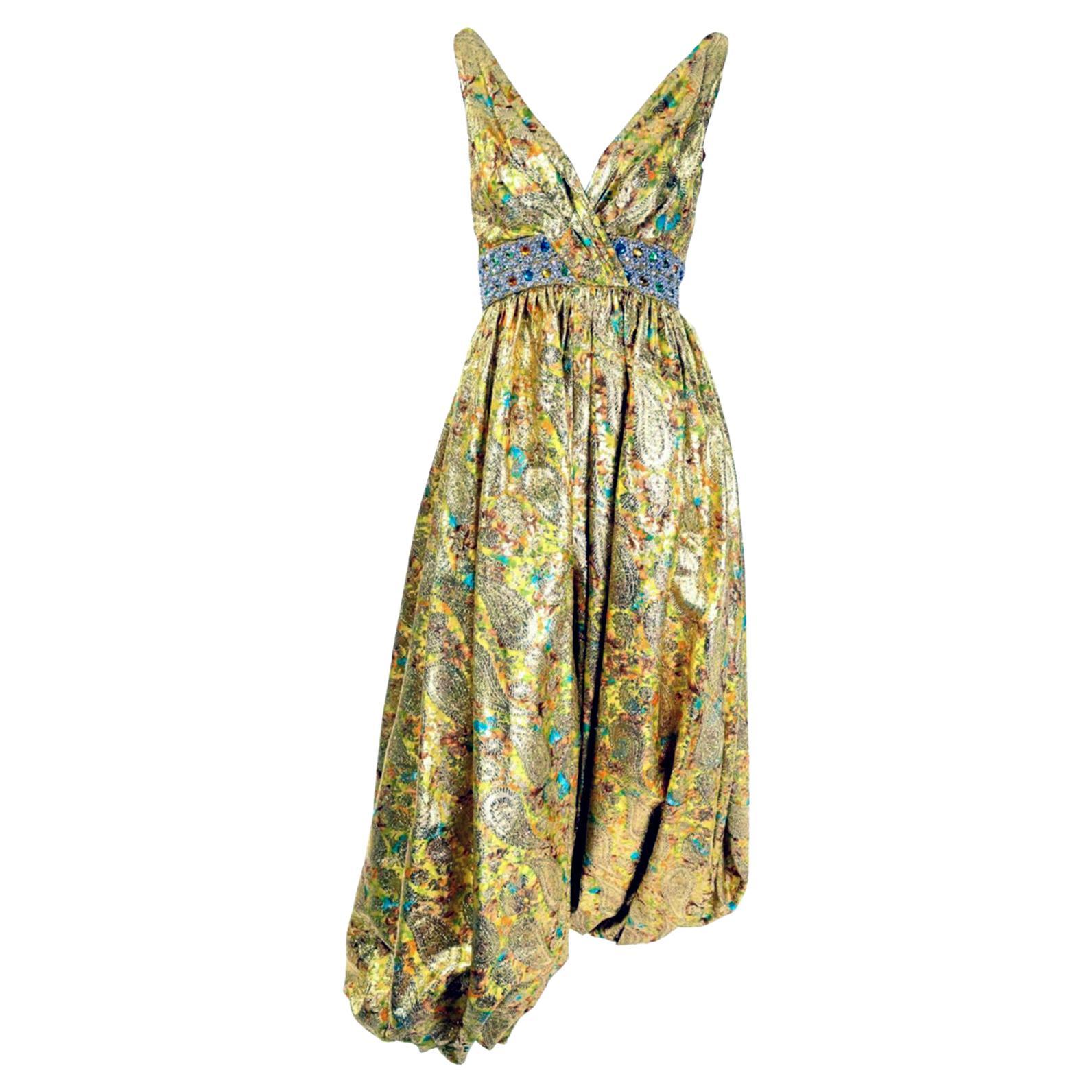 1960s Gold Metallic Colorful Floral Harem Style Vintage Jumpsuit w Jeweled Waist