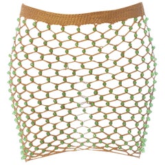 1960S Gold Metallic Cotton Hand Crochet Skirt With Lime Green Plastic Crystals