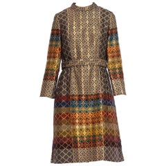 Vintage 1960S Gold Metallic Wool Blend Jacquard Long Sleeve Autumnal Rainbow Dress With