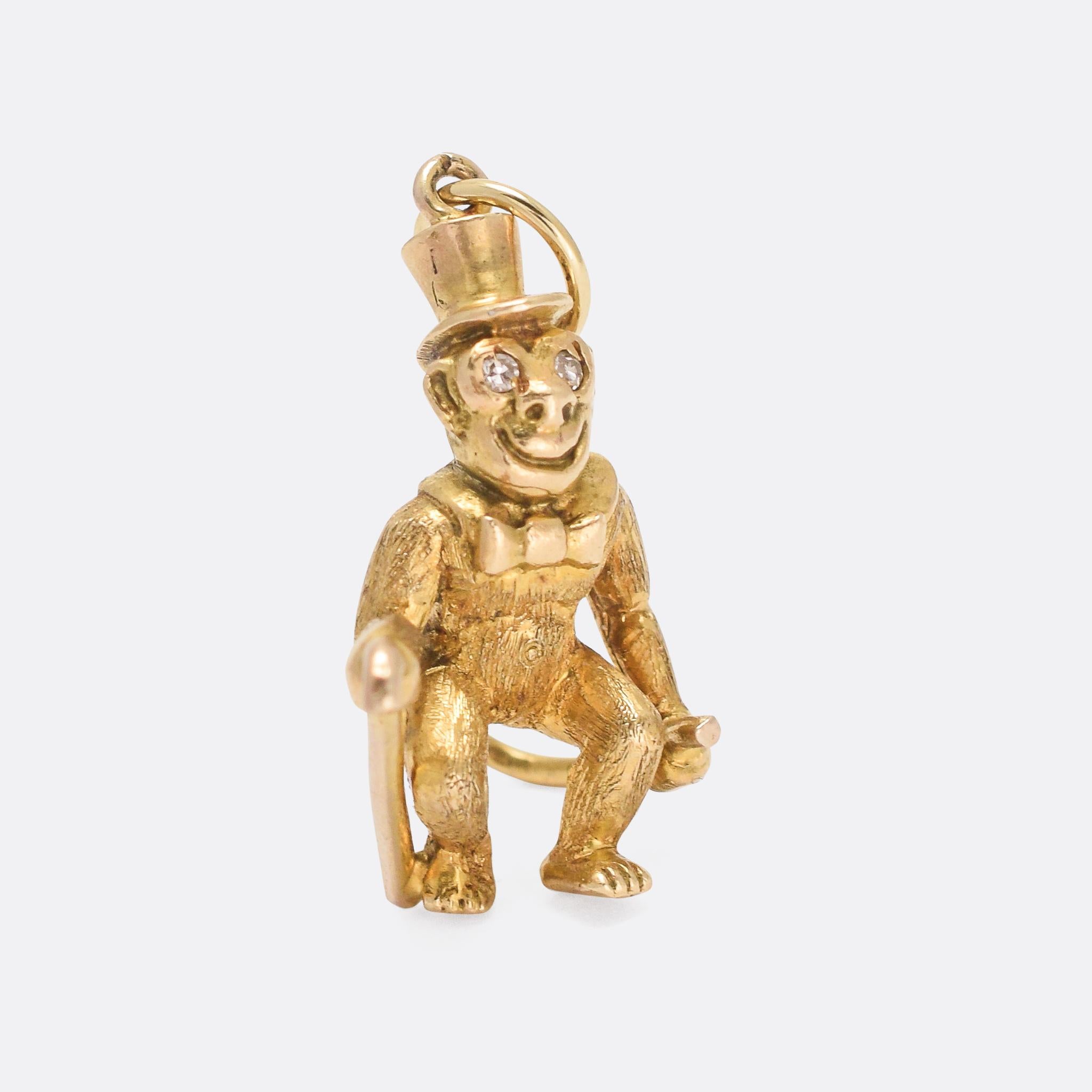 A particularly high quality vintage novelty pendant crafted as a monkey in Victorian finery: wearing a top hat and bow tie, no less. It's modelled in solid 9k gold, set with diamond eyes, and heavy at 5 grams. With clear London hallmarks for the