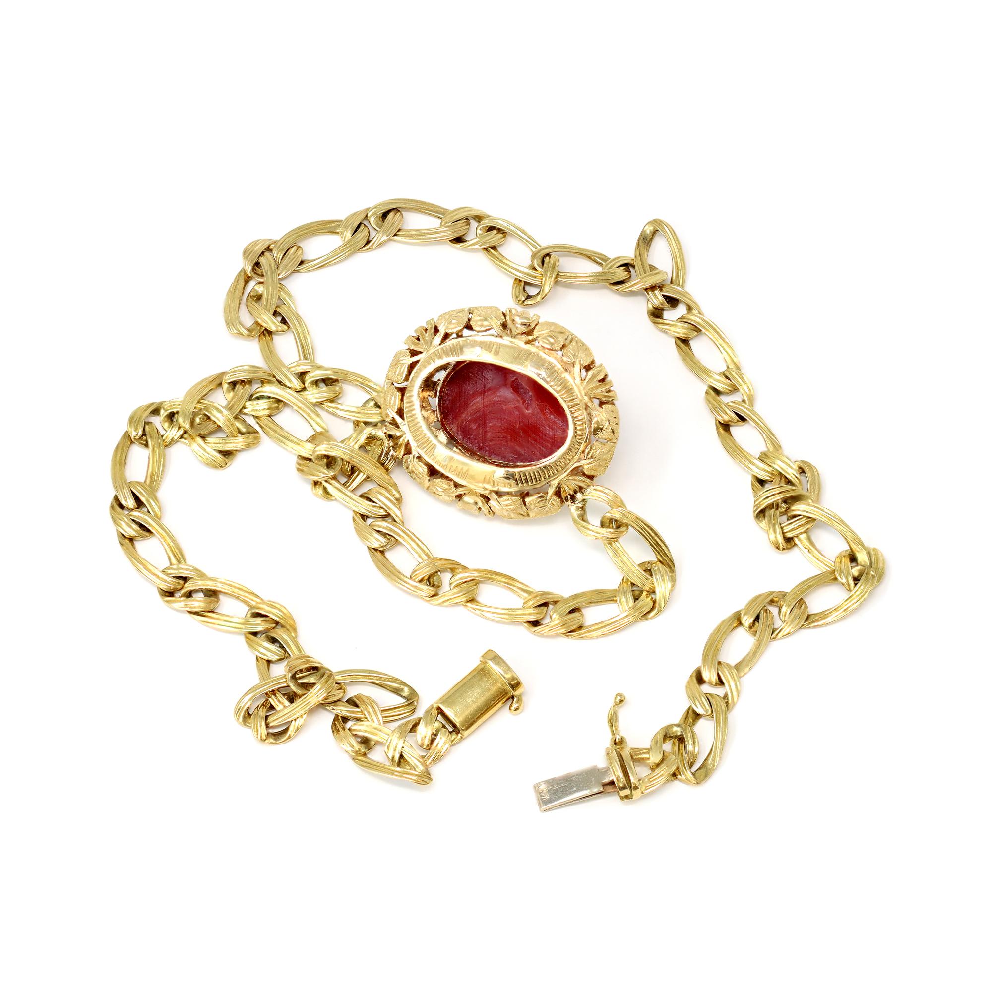 Modern 1960s Gold Necklace with Cabochon Oxblood Coral Center