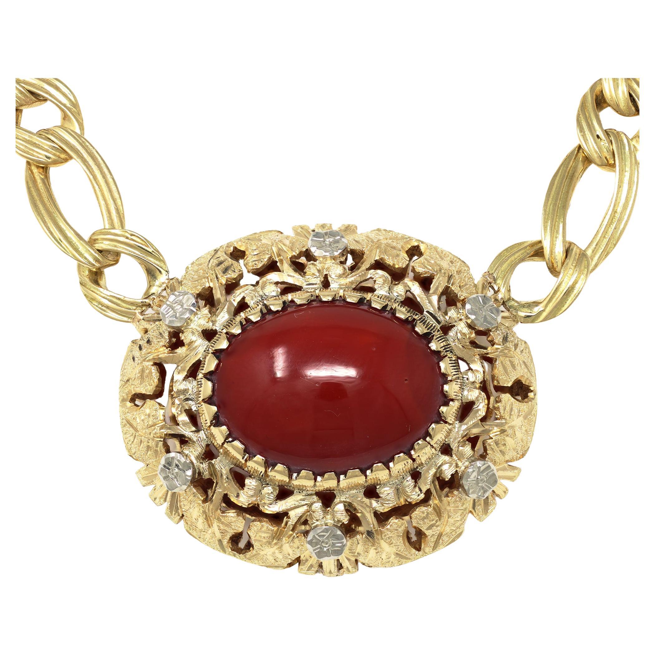 1960s Gold Necklace with Cabochon Oxblood Coral Center