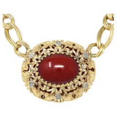1960s Gold Necklace with Cabochon Oxblood Coral Center