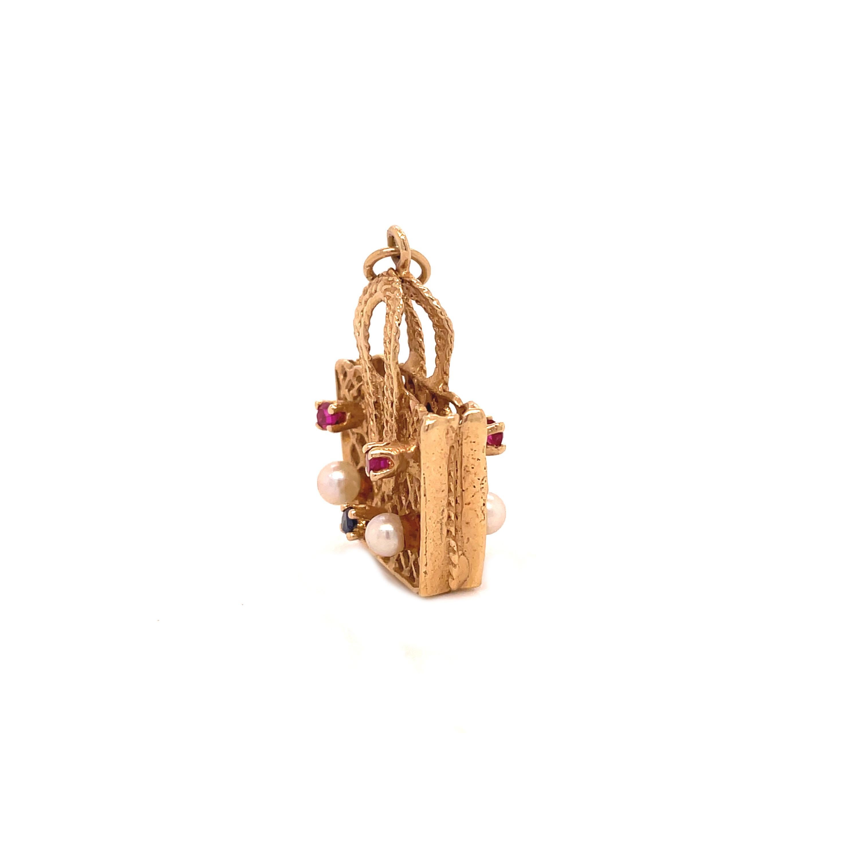Round Cut 1960's Gold Picnic Basket Charm with Pearls, Sapphires, and Rubies