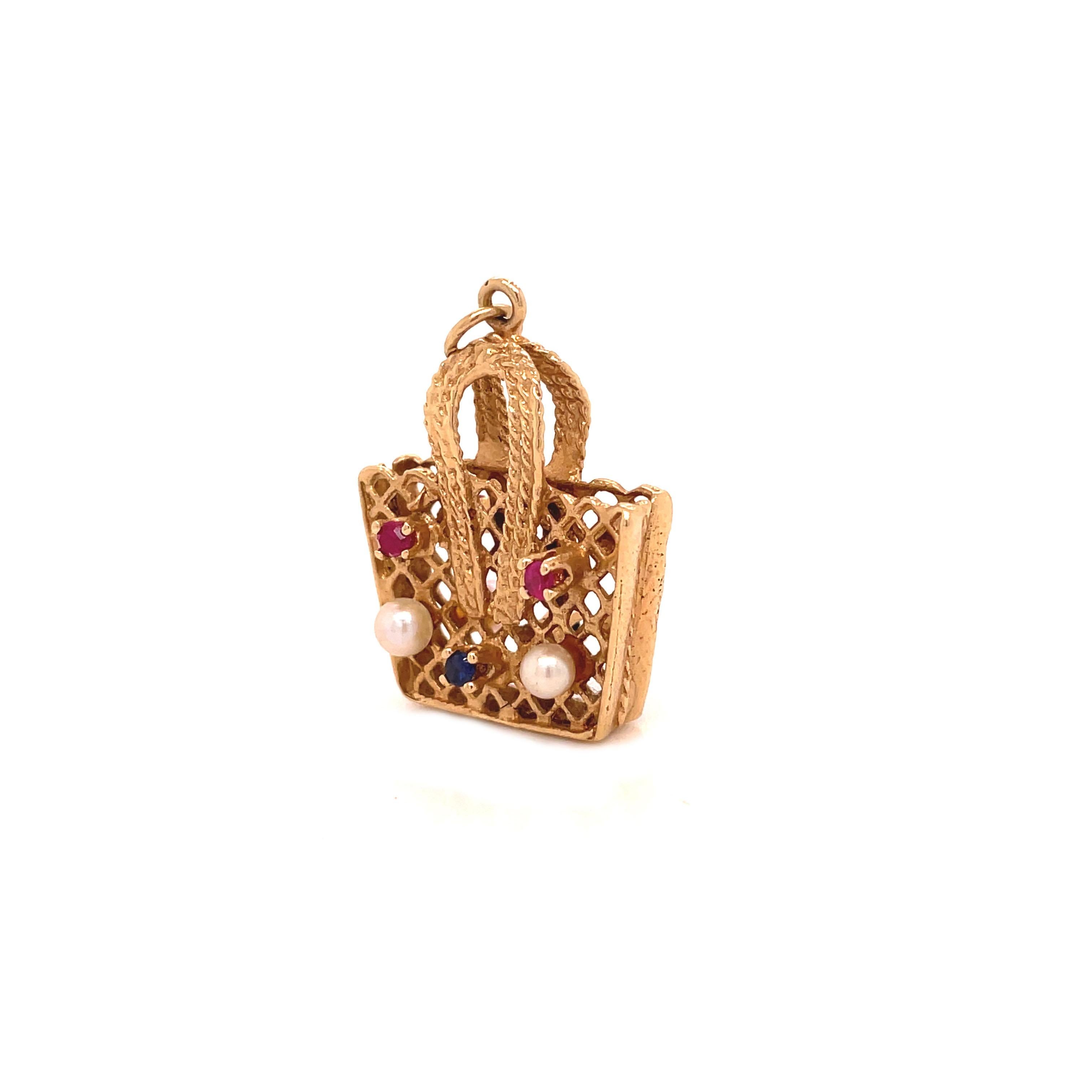1960's Gold Picnic Basket Charm with Pearls, Sapphires, and Rubies In Excellent Condition In Lexington, KY