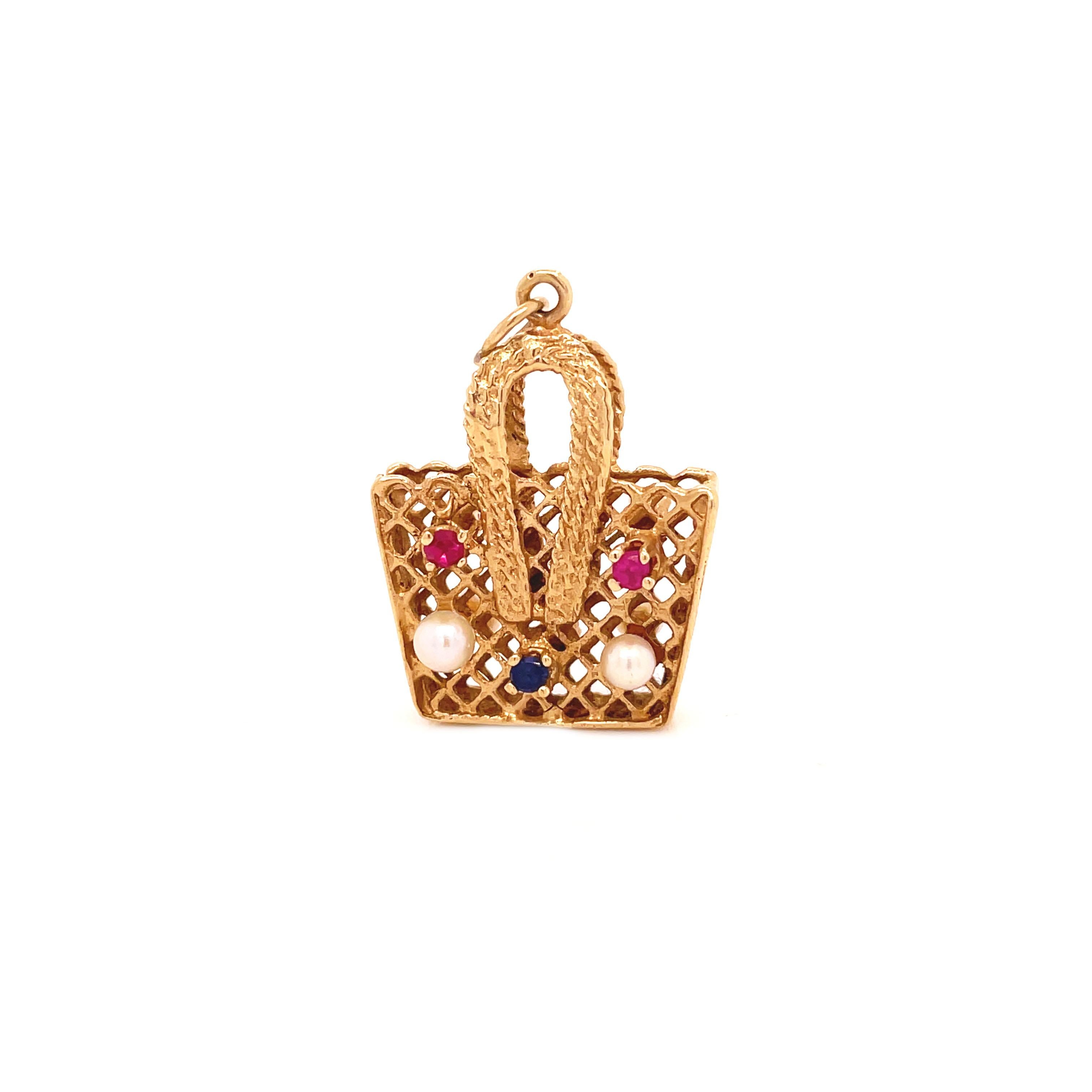 Women's or Men's 1960's Gold Picnic Basket Charm with Pearls, Sapphires, and Rubies