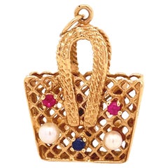 Retro 1960's Gold Picnic Basket Charm with Pearls, Sapphires, and Rubies