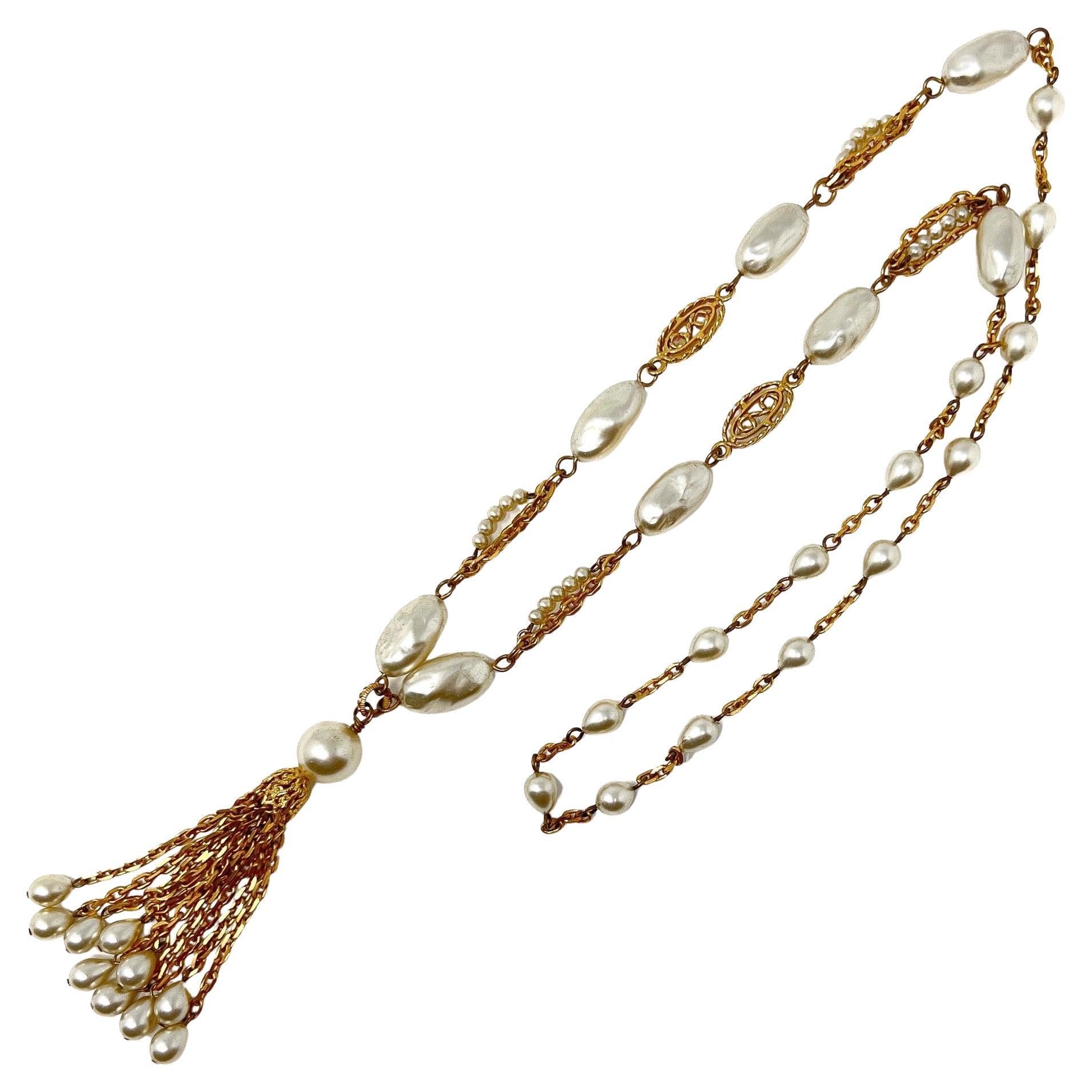 Collar Sautoir Vintage de los años 60, chapado en oro y perla barroca de imitación