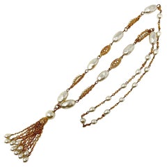 1960s Gold Plate and Faux Baroque Pearl Vintage Tasseled Sautoir Necklace