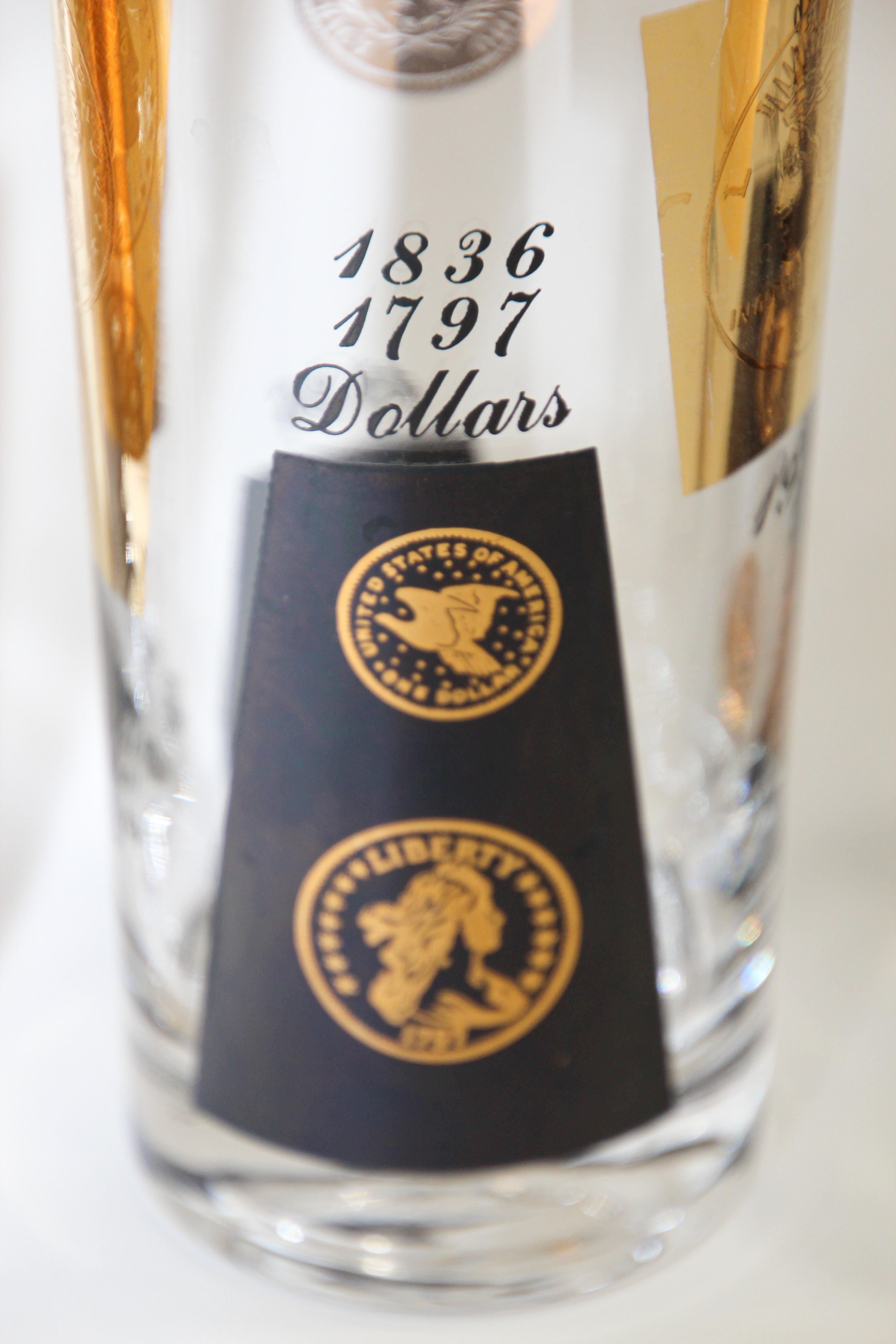 1960s Gold Printed Presidential Coins Highball Glasses Barware Set of 6 For Sale 1