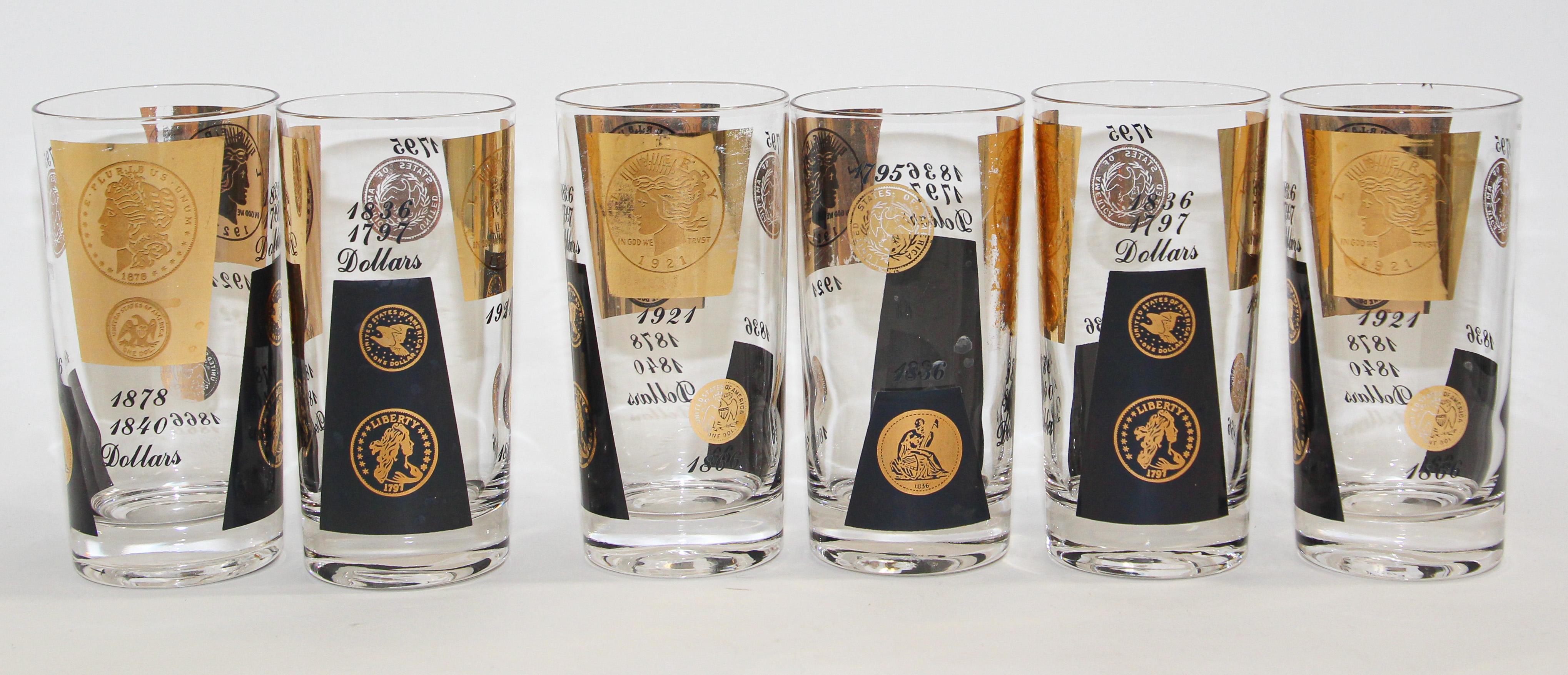 Midcentury vintage set of 6 pieces highball glasses 1960s gold printed presidential coins.
Set of 6 Cera 22-karat gold signed glassware barware.
Gold and black coin design.
The glasses feature 