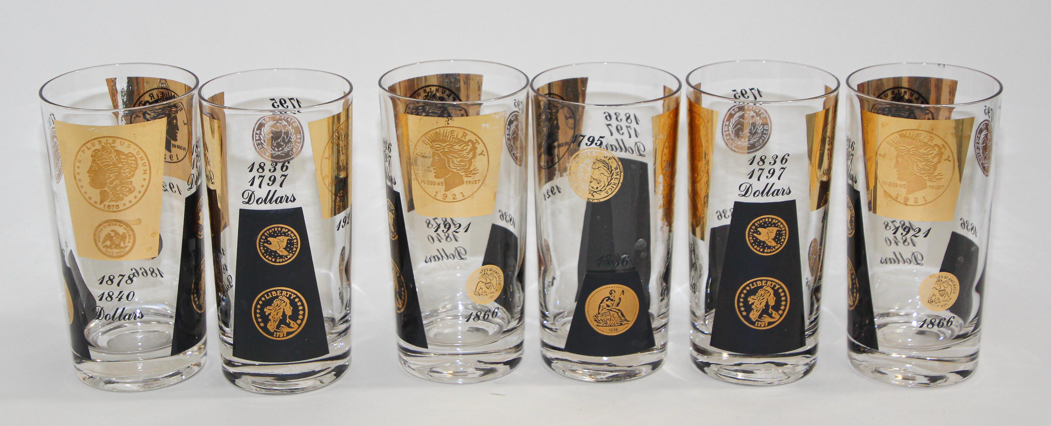 Mid-Century Modern 1960s Gold Printed Presidential Coins Highball Glasses Barware Set of 6 en vente