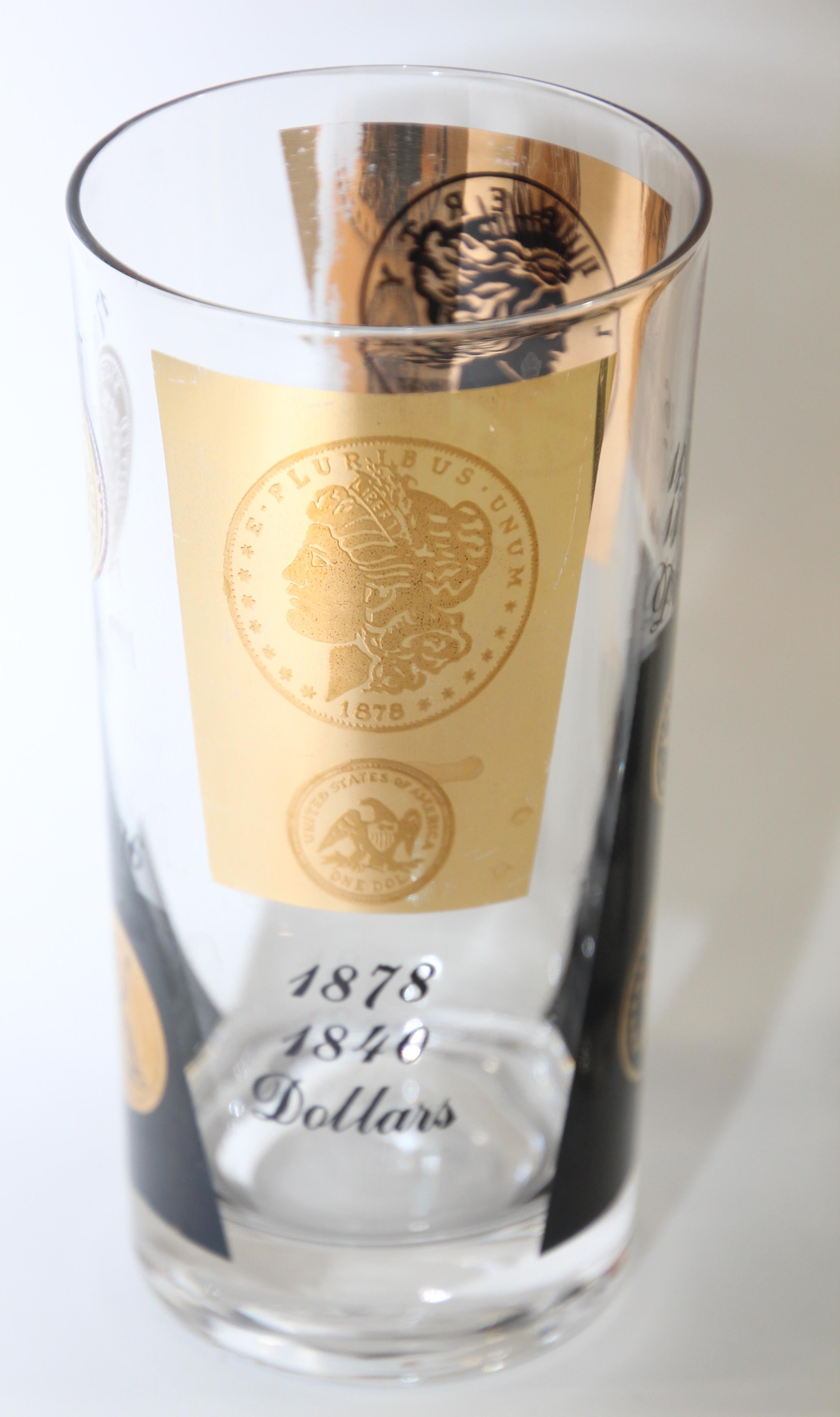 Américain 1960s Gold Printed Presidential Coins Highball Glasses Barware Set of 6 en vente