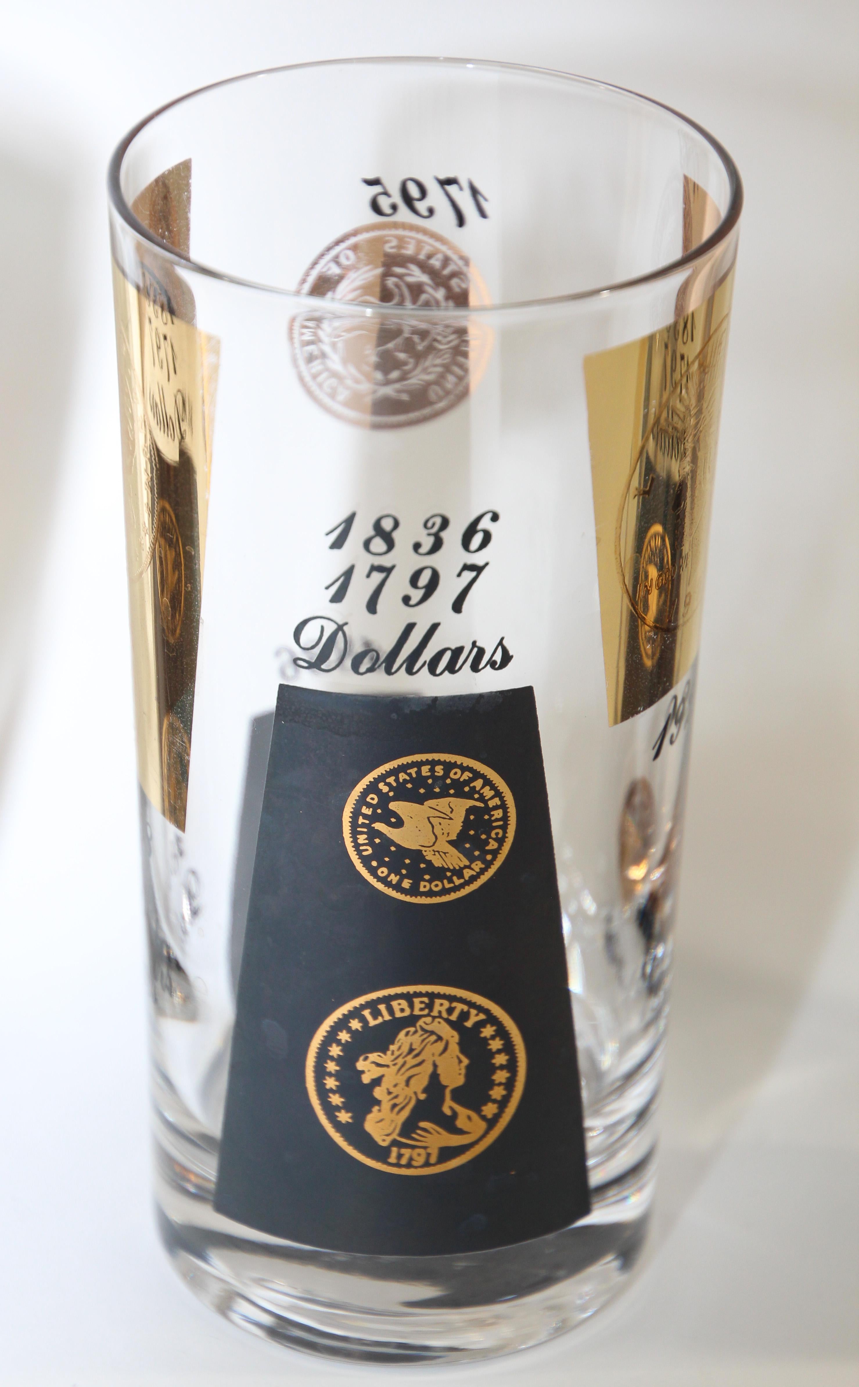 Appliqué 1960s Gold Printed Presidential Coins Highball Glasses Barware Set of 6 en vente