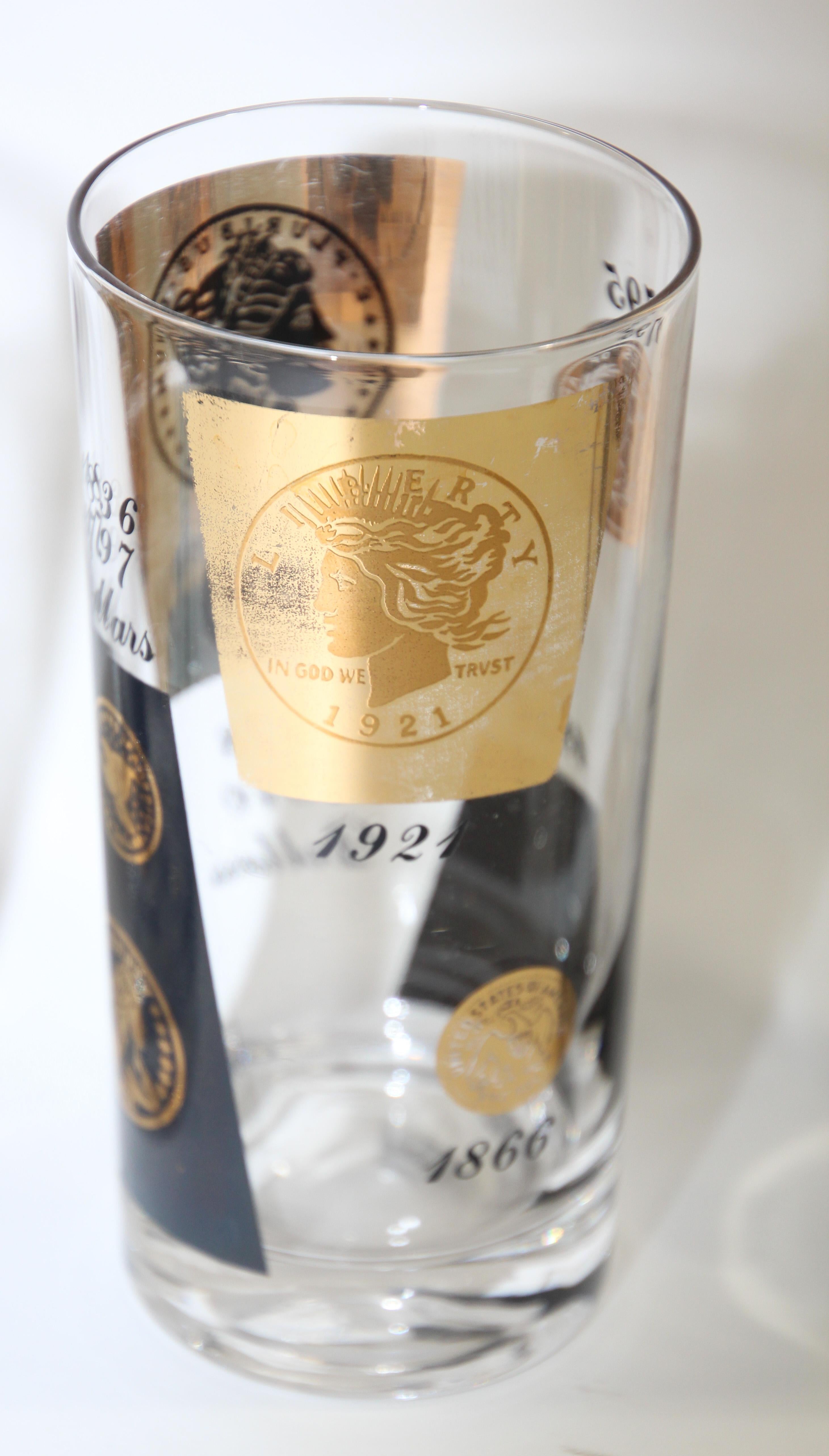 American 1960s Gold Printed Presidential Coins Highball Glasses Barware Set of 6 For Sale