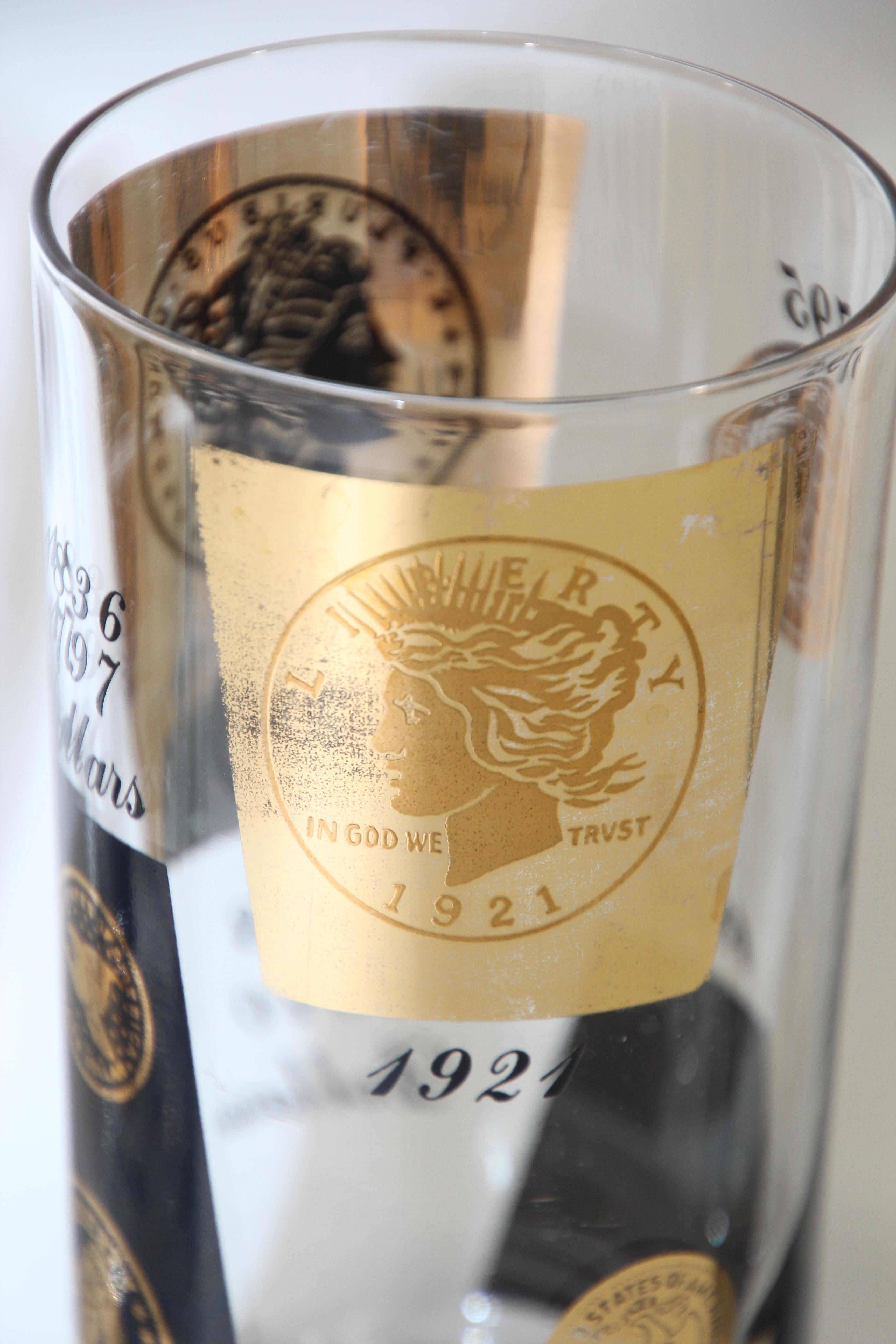 20ième siècle 1960s Gold Printed Presidential Coins Highball Glasses Barware Set of 6 en vente