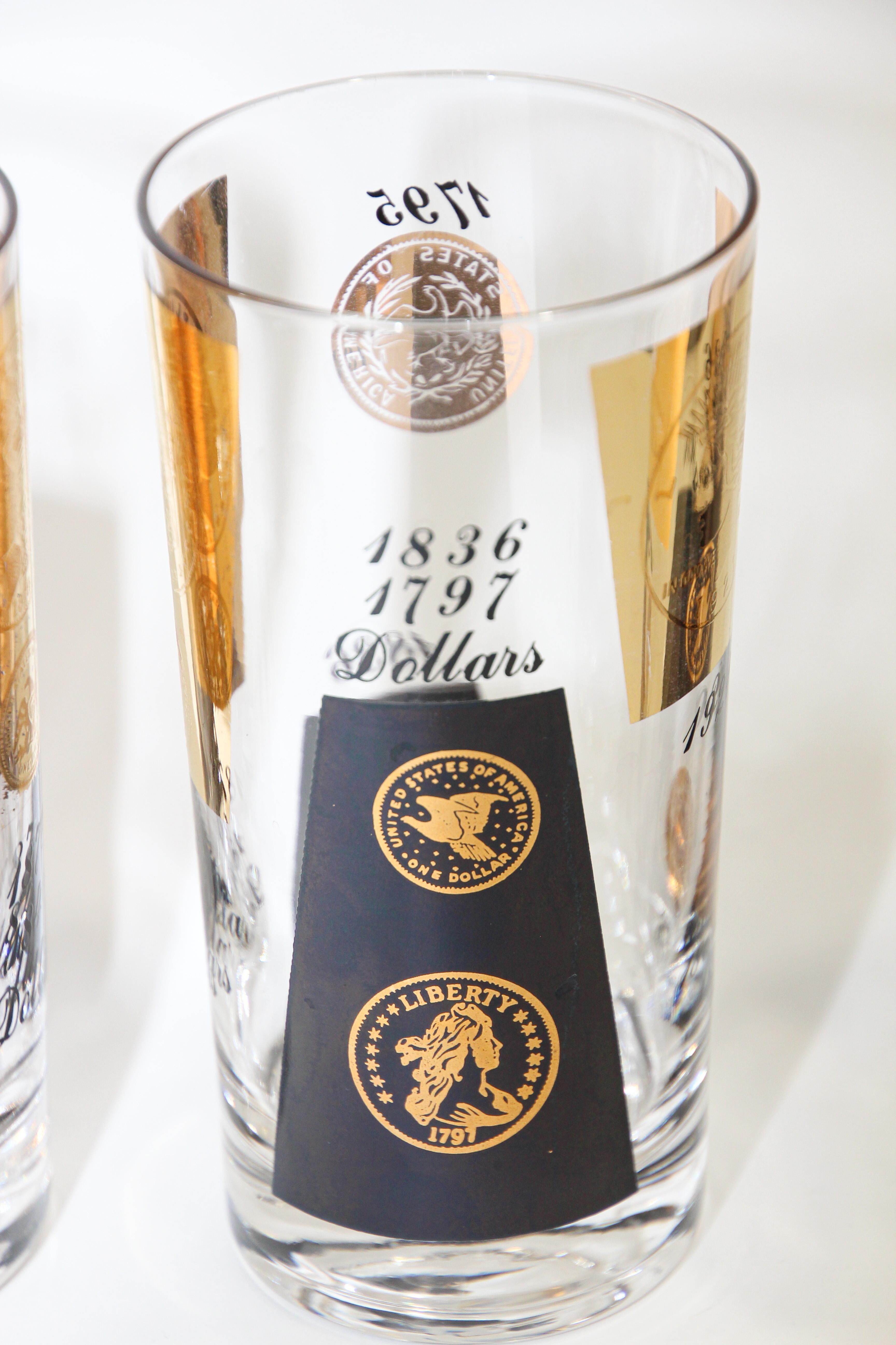 1960s Gold Printed Presidential Coins Highball Glasses Barware Set of 6 en vente 1