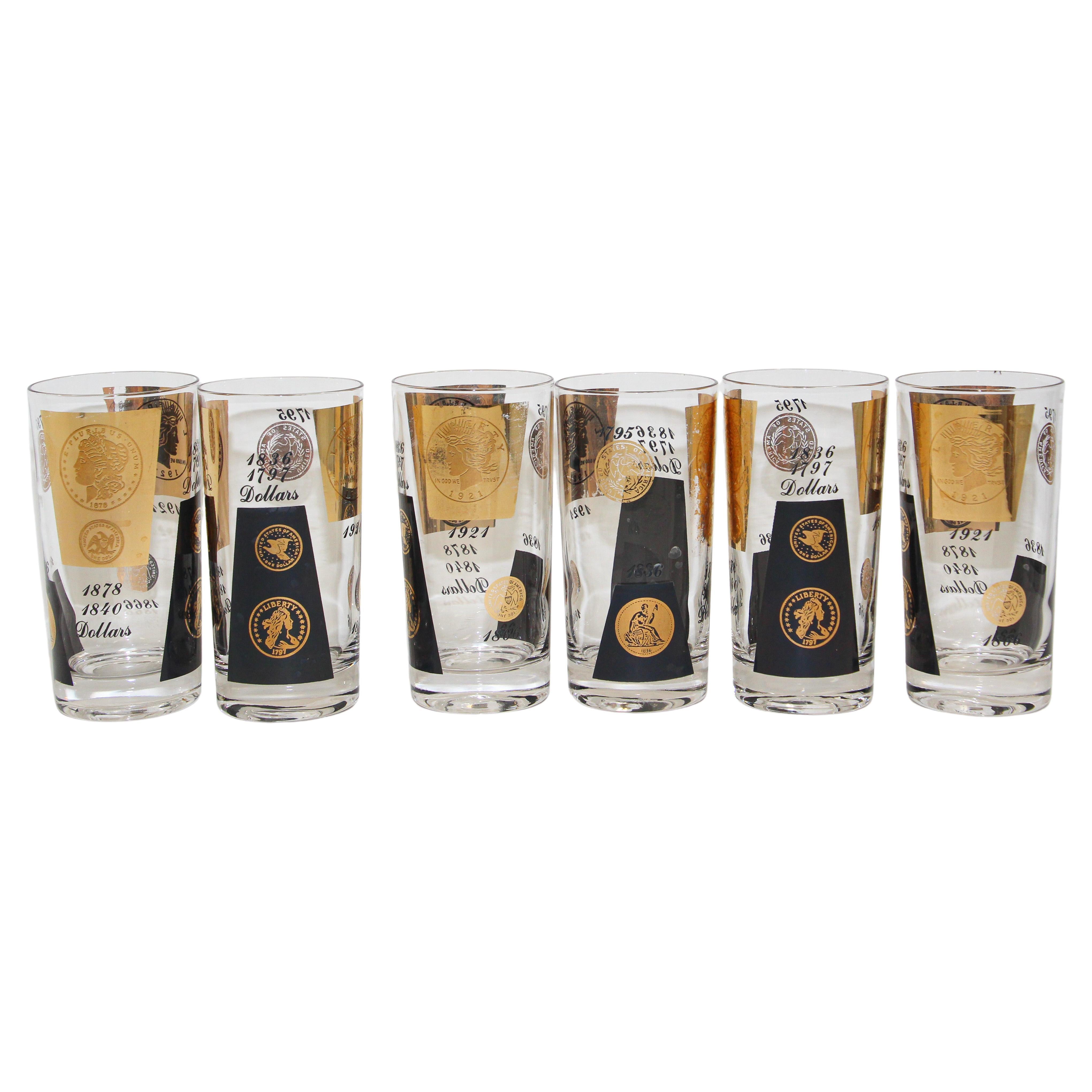 1960s Gold Printed Presidential Coins Highball Glasses Barware Set of 6