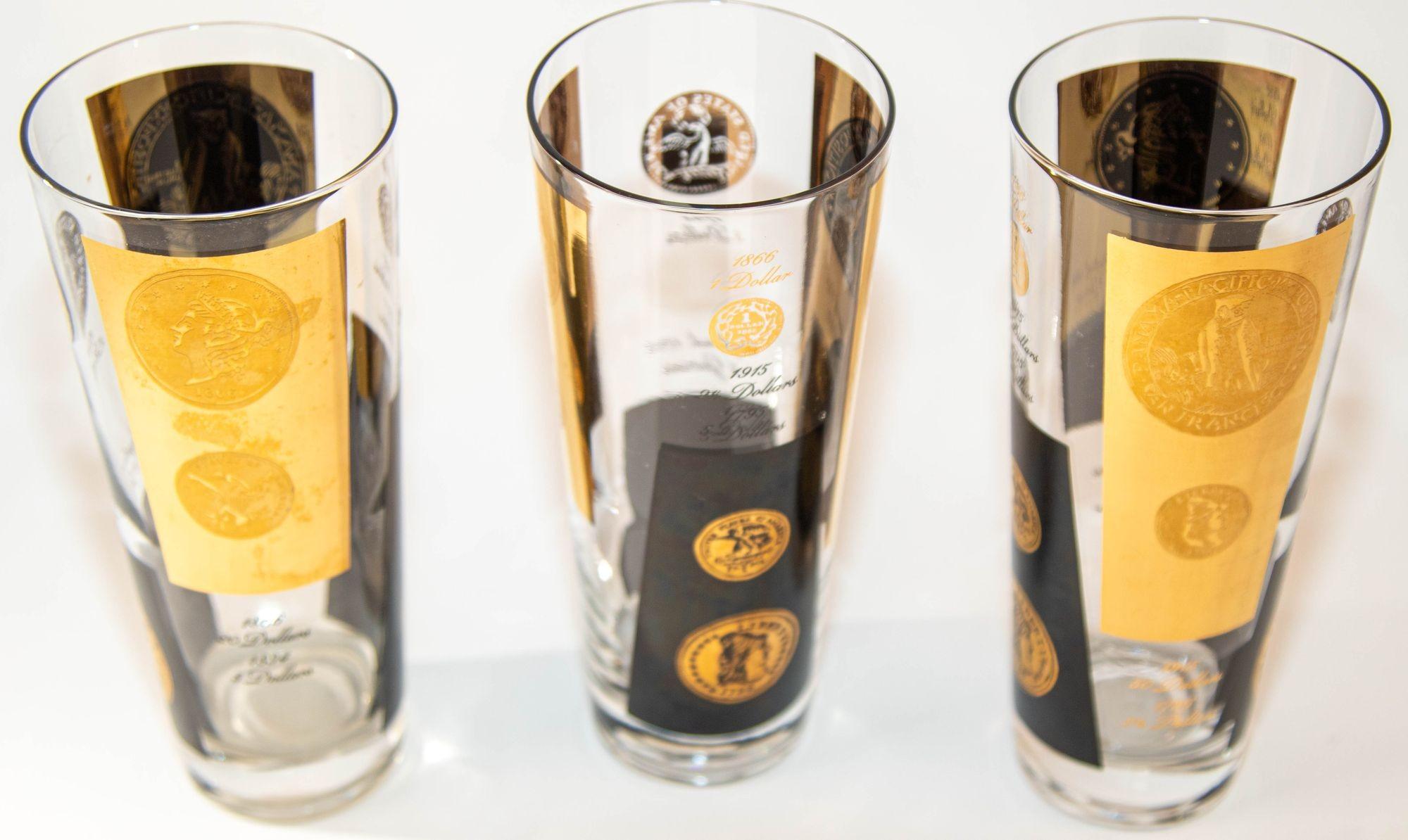 1960s Gold Printed Presidential Coins Highball Glasses Barware Set of 7 by Cera For Sale 3