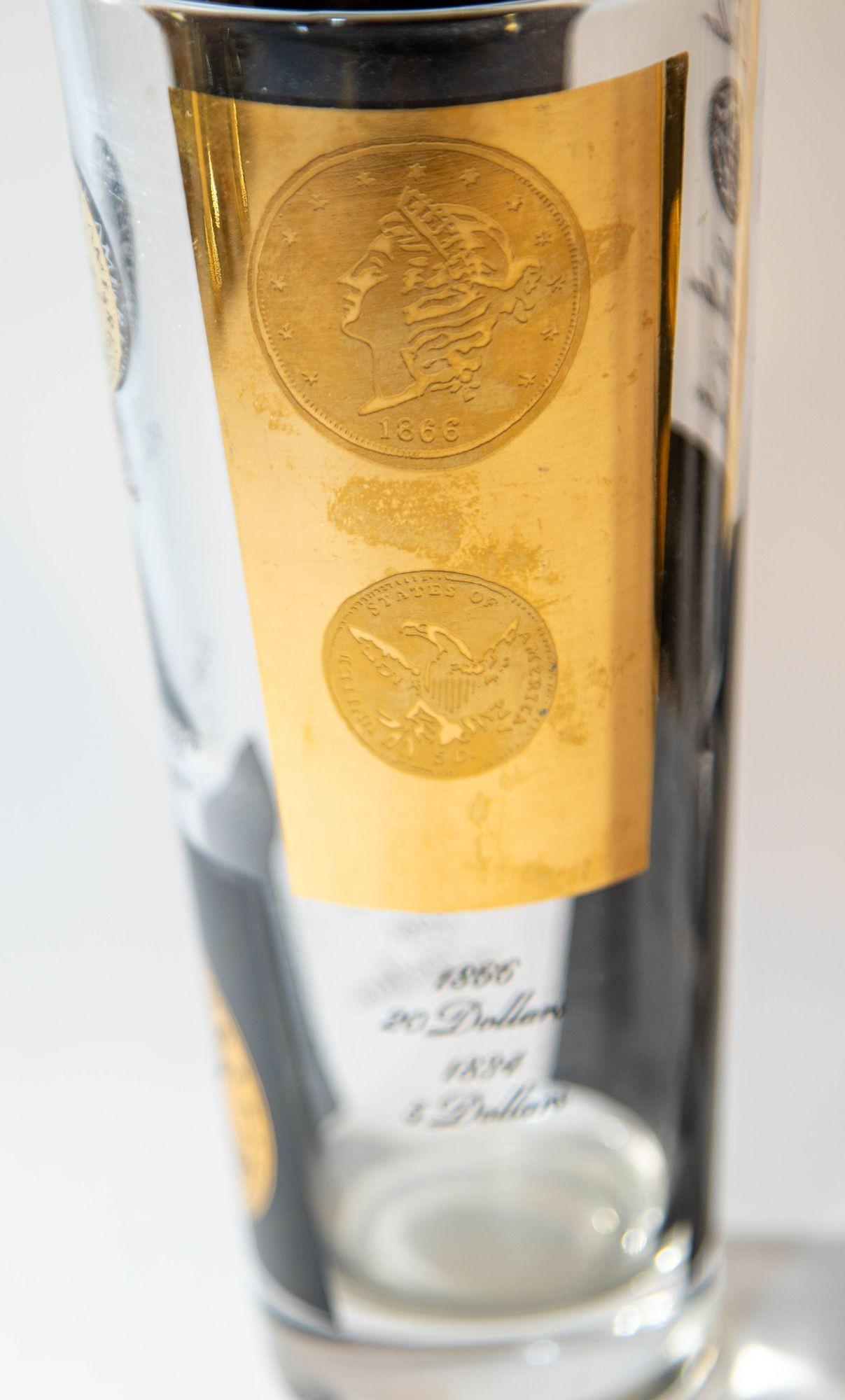 Ensemble de 7 verres de bar de style présidentielle avec pièces de monnaie imprimées en or, années 1960 par Cera en vente 12