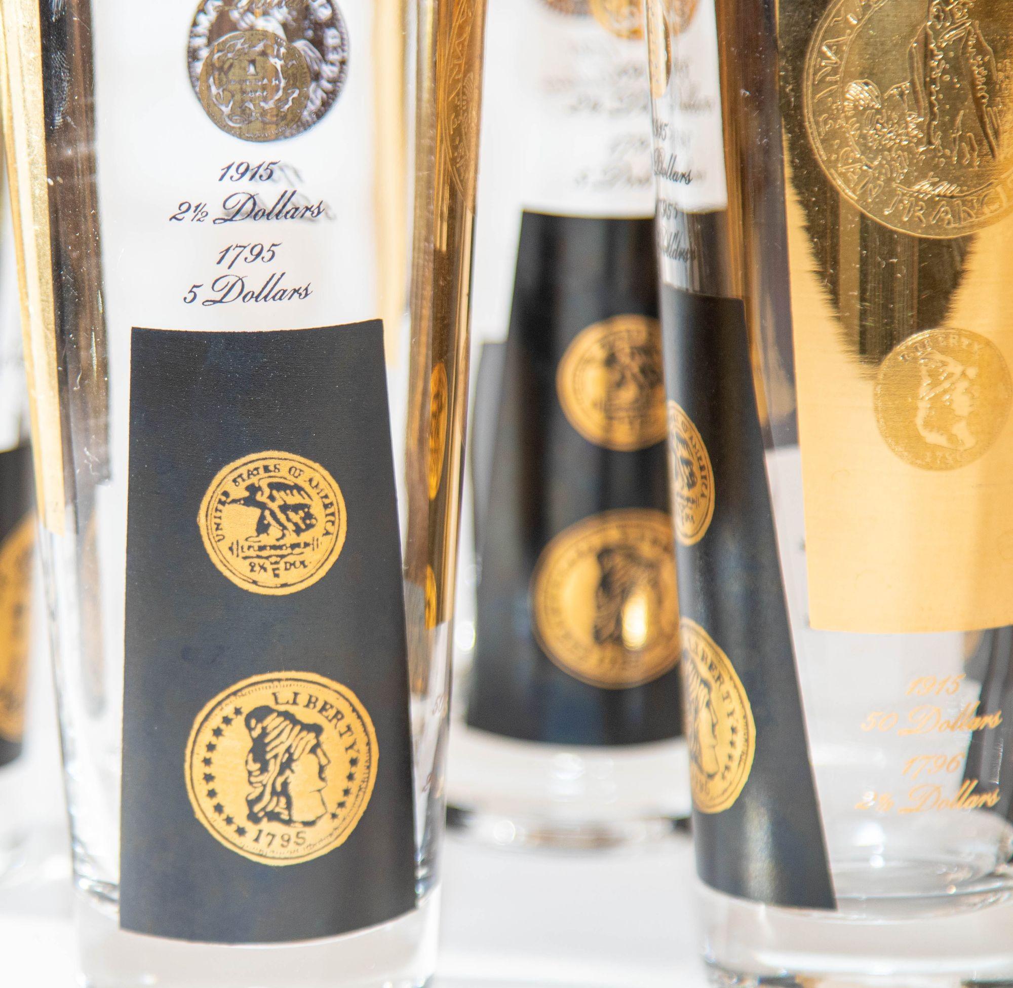 1960s Gold Printed Presidential Coins Highball Glasses Barware Set of 7.
Cera Black and Gold Highball Coin Glasses by Bob Wallack.
Midcentury vintage set of 7 pieces highball glasses 1960s gold printed presidential coins.
Set of 7 Cera 22-karat gold