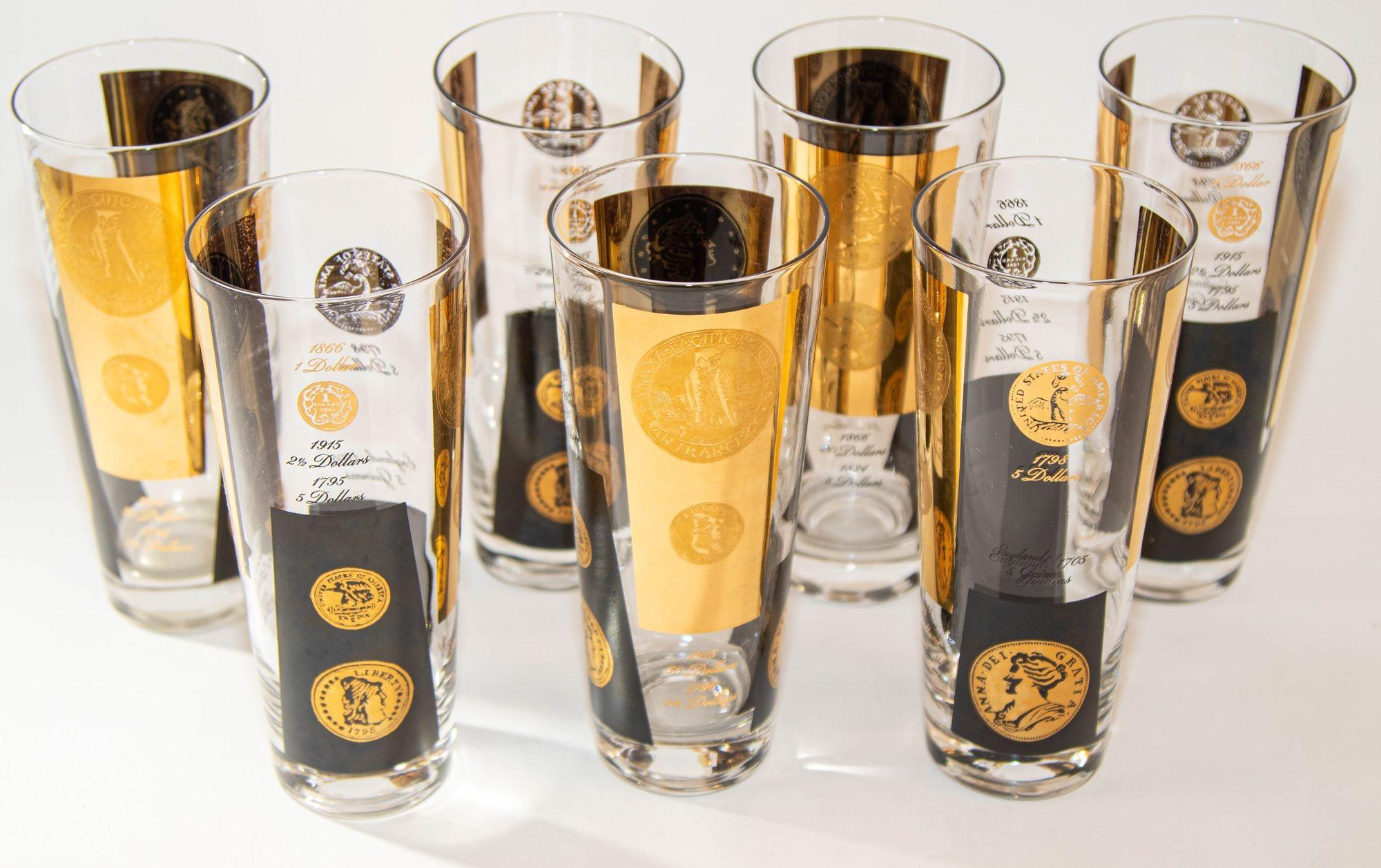 American 1960s Gold Printed Presidential Coins Highball Glasses Barware Set of 7 by Cera For Sale