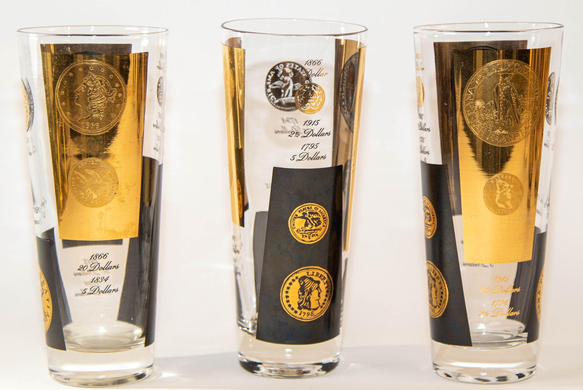 1960s Gold Printed Presidential Coins Highball Glasses Barware Set of 7 by Cera In Good Condition For Sale In North Hollywood, CA