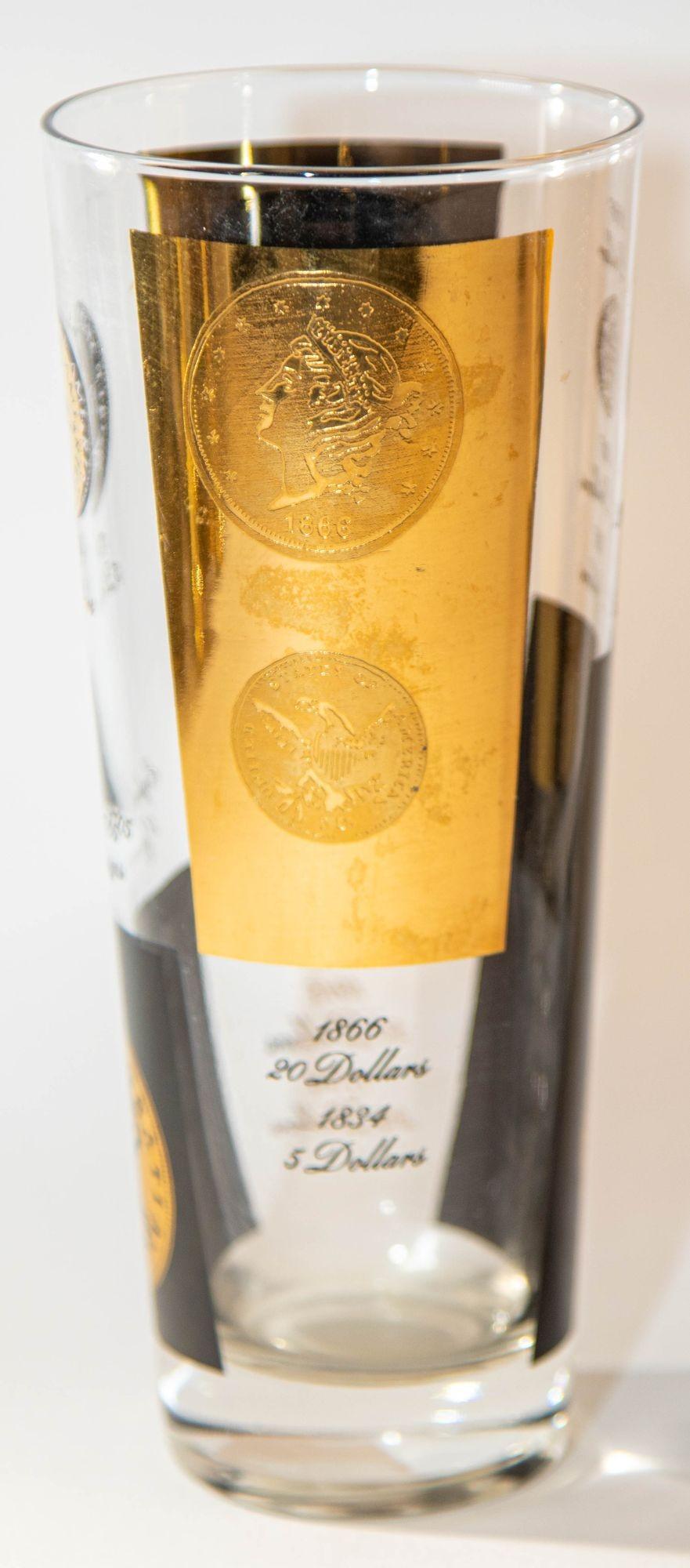Ensemble de 7 verres de bar de style présidentielle avec pièces de monnaie imprimées en or, années 1960 par Cera en vente 2