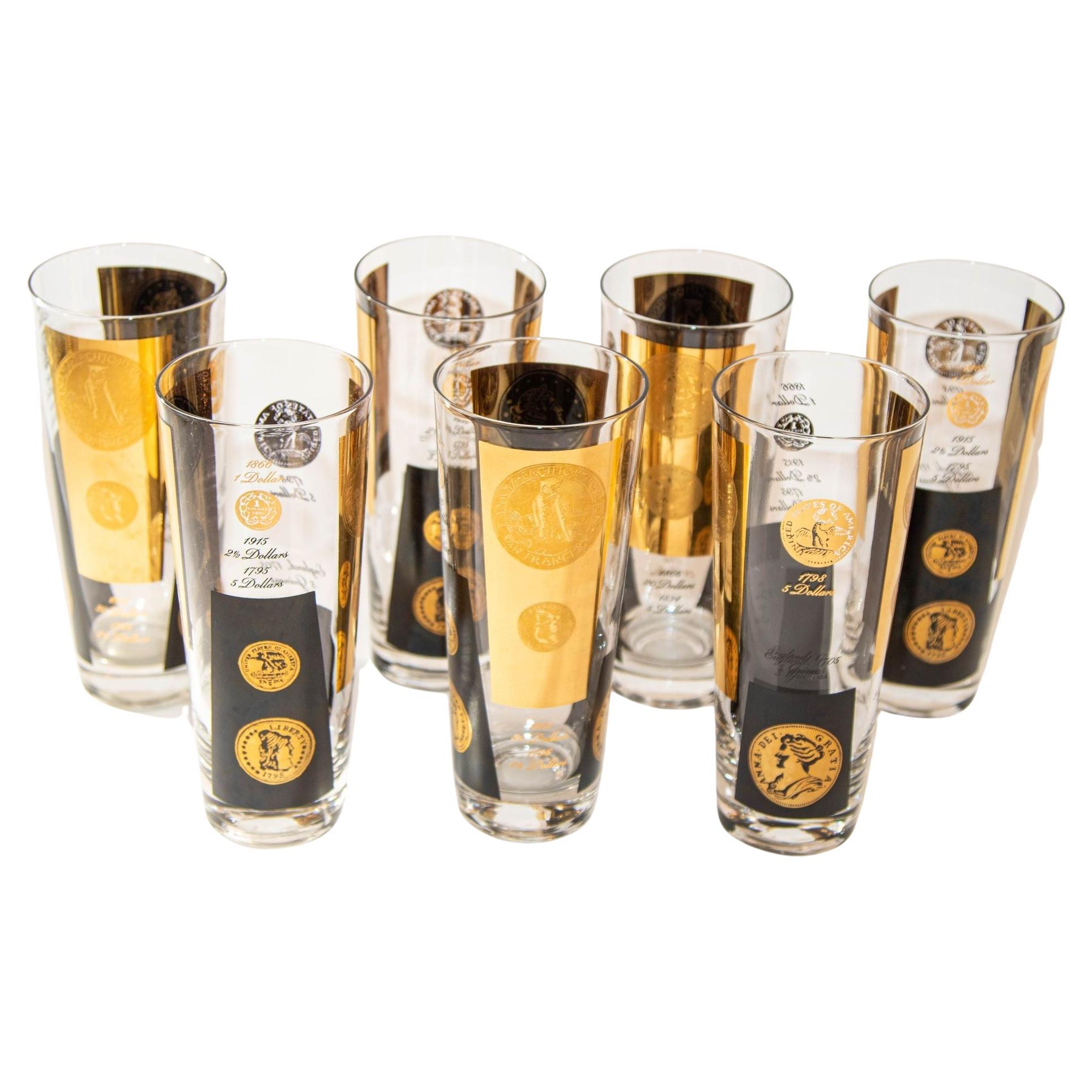 1960s Gold Printed Presidential Coins Highball Glasses Barware Set of 7 by Cera For Sale