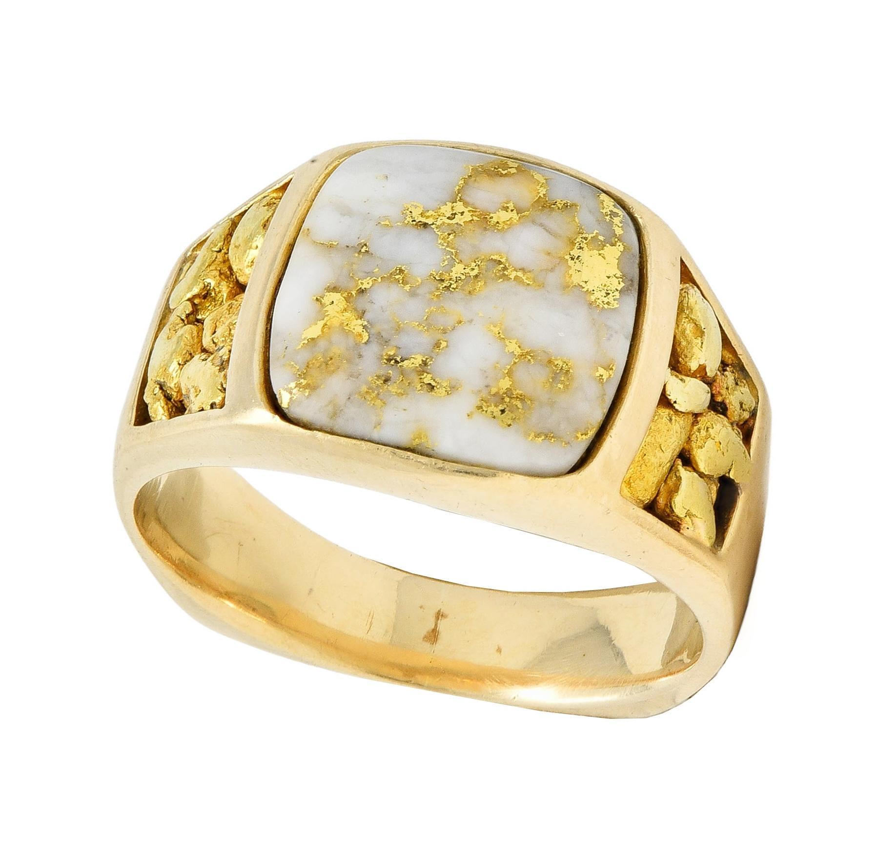 1960s Gold Quartz 14 Karat Yellow Gold Vintage Nugget Signet Ring 8