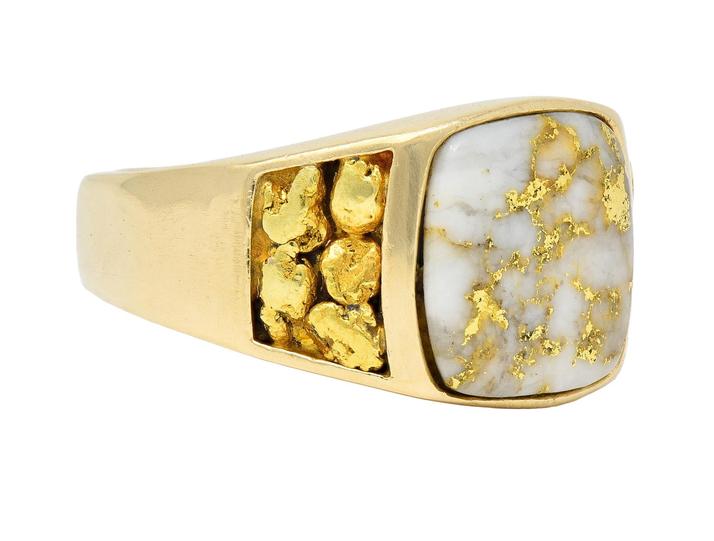 Round Cut 1960s Gold Quartz 14 Karat Yellow Gold Vintage Nugget Signet Ring