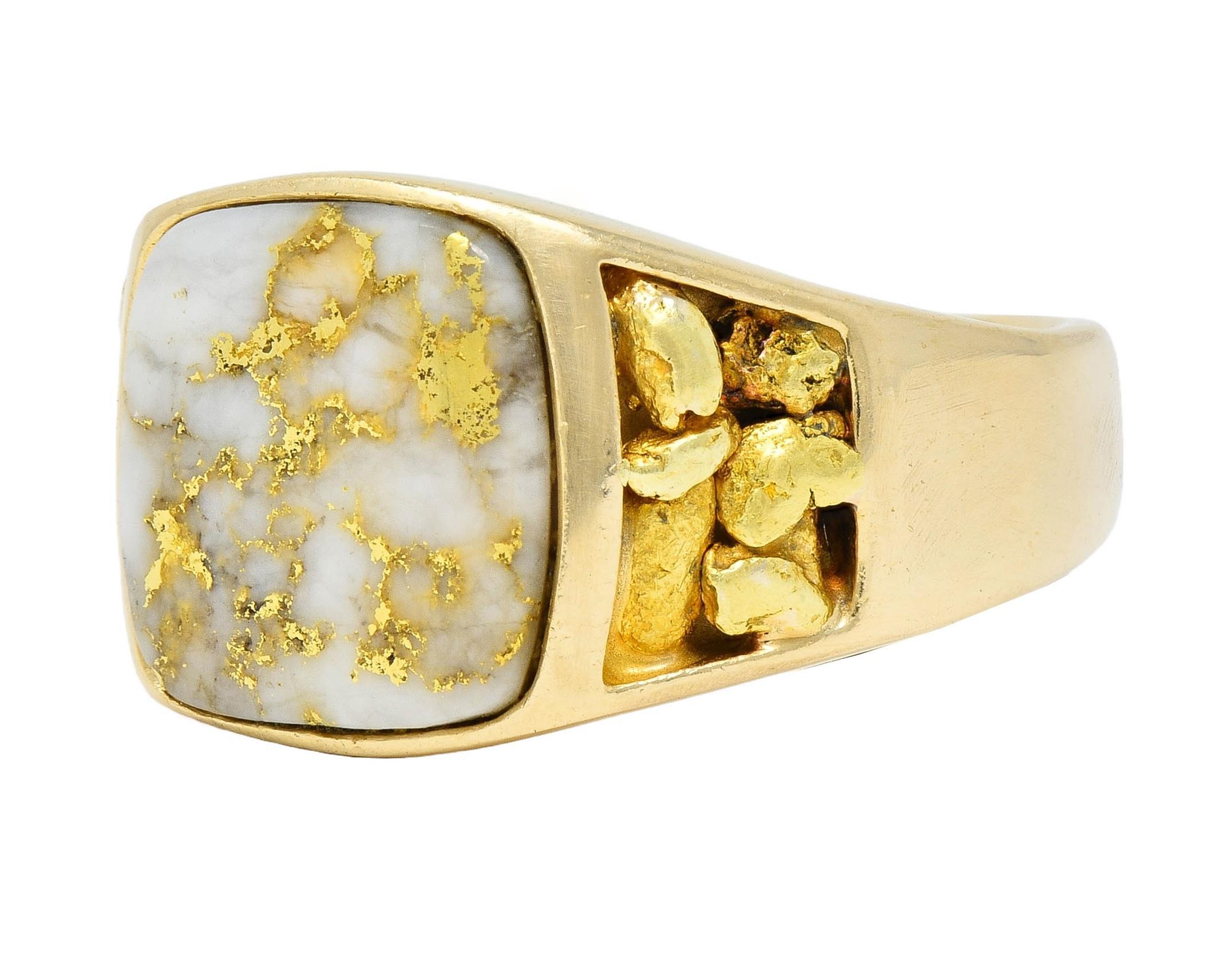 1960s Gold Quartz 14 Karat Yellow Gold Vintage Nugget Signet Ring 3