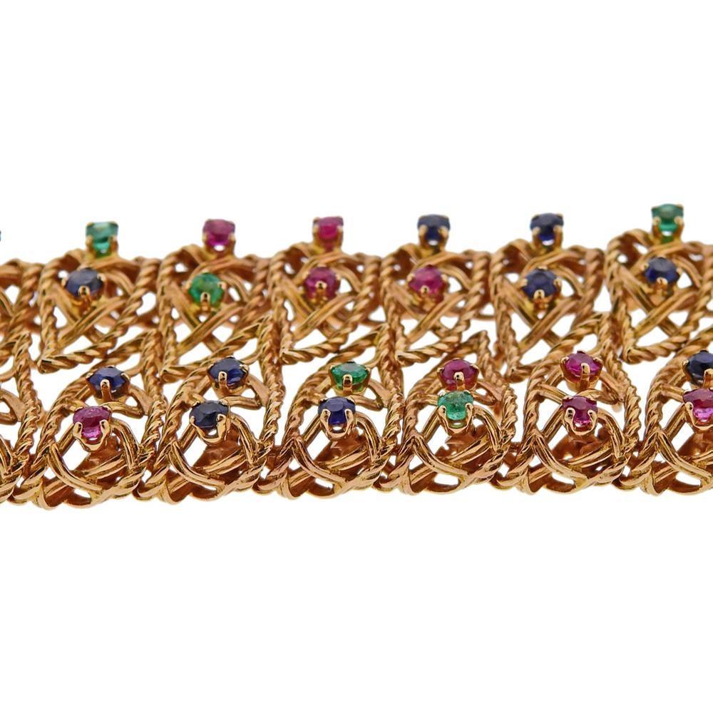 Women's 1960s Gold Ruby Sapphire Emerald Wide Bracelet For Sale