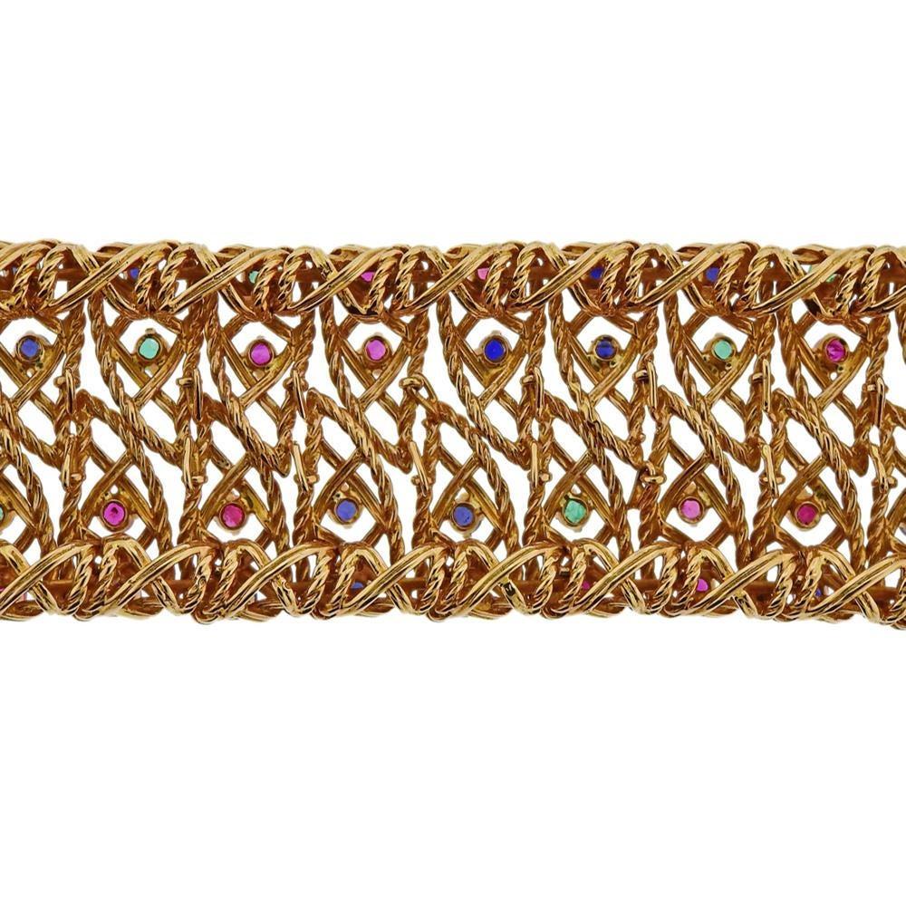1960s Gold Ruby Sapphire Emerald Wide Bracelet For Sale 1